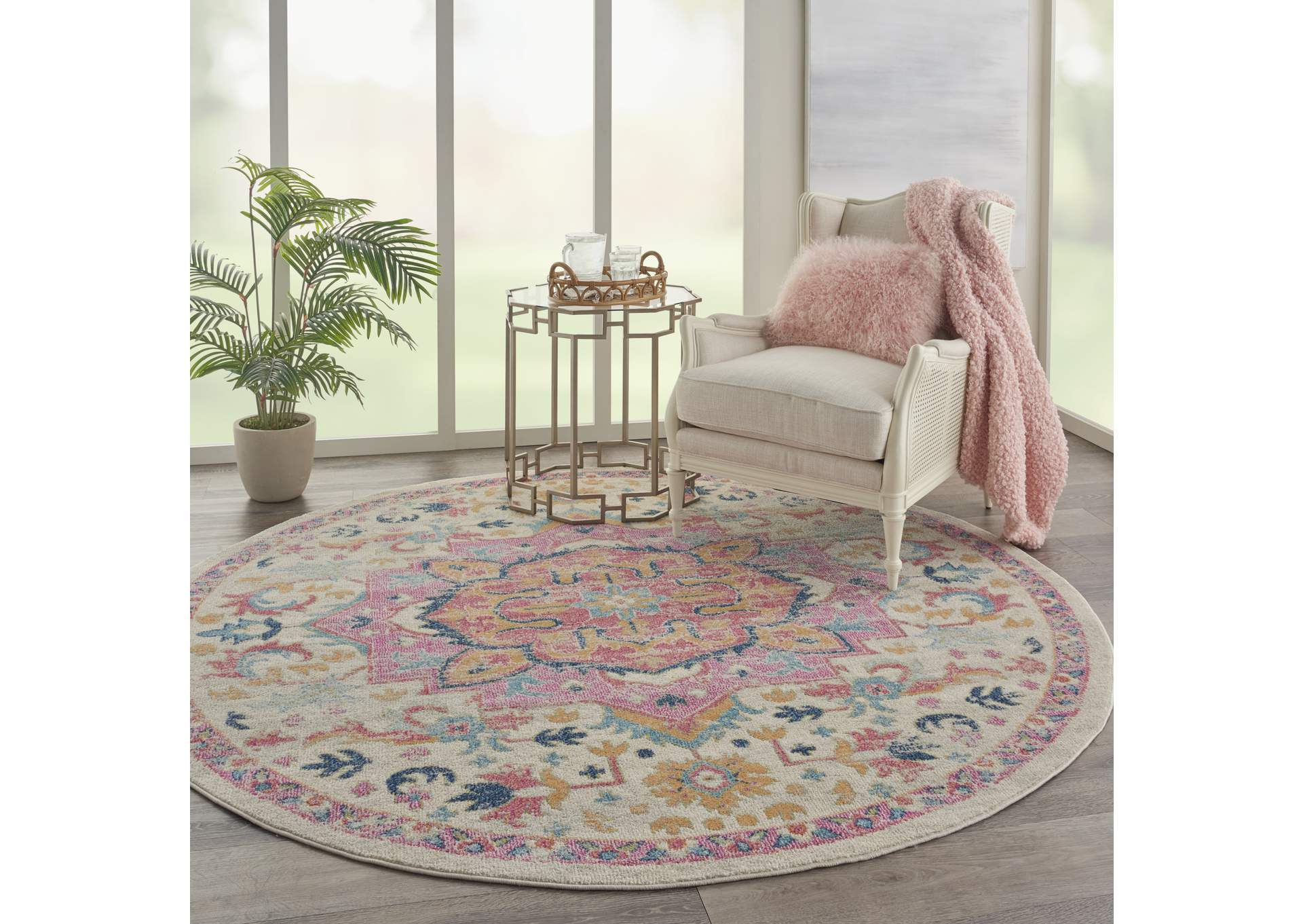 Nourison Passion 8' Round Ivory, Pink Bohemian Area Rug,Nourison