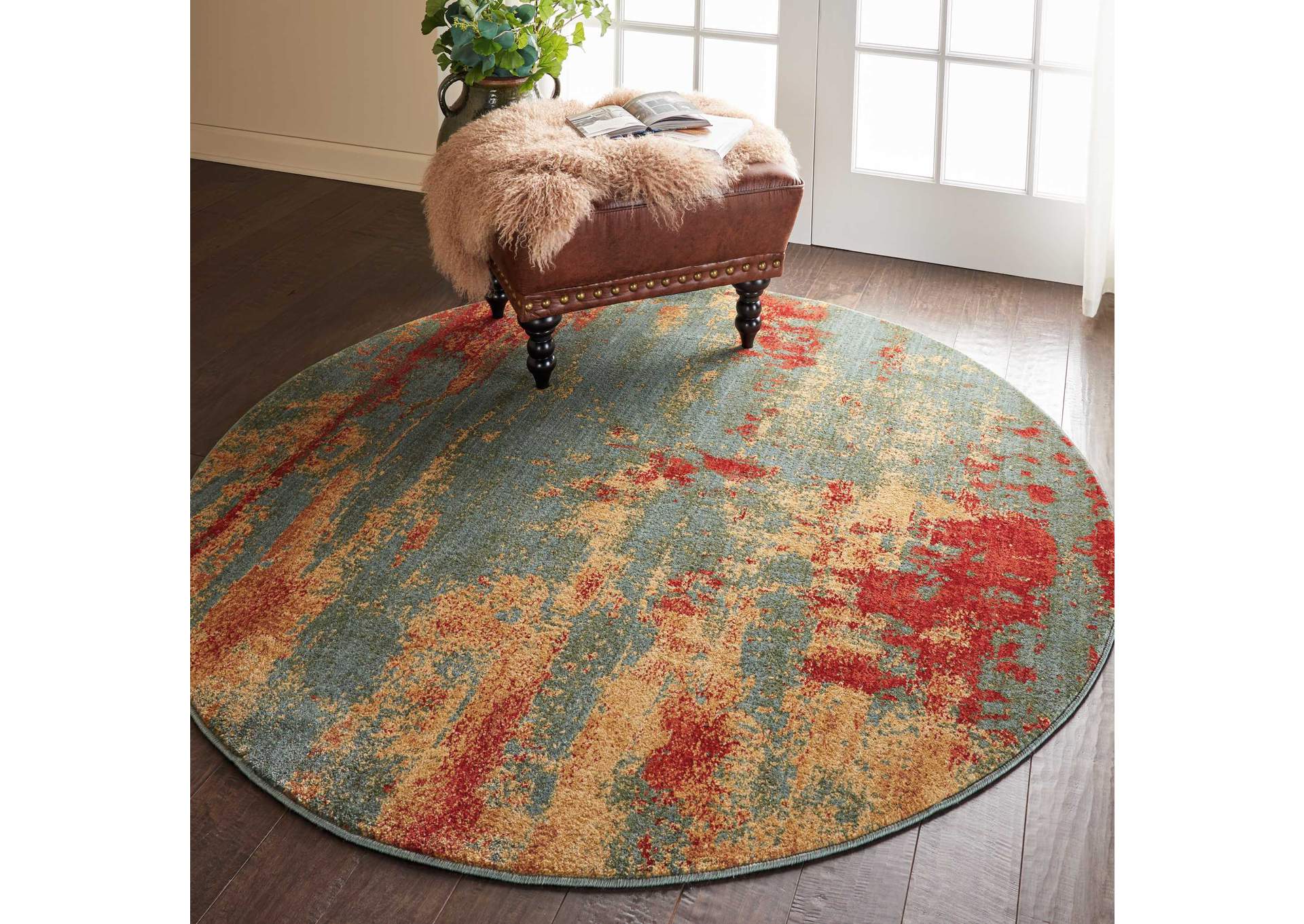 Nourison Somerset ST91 Teal Multicolor 6' Round Colorful Area Rug,Nourison