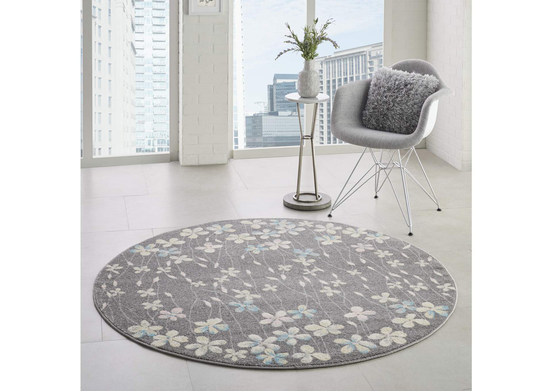 Nourison Tranquil TRA04 Grey 5' Round Floral Area Rug,Nourison