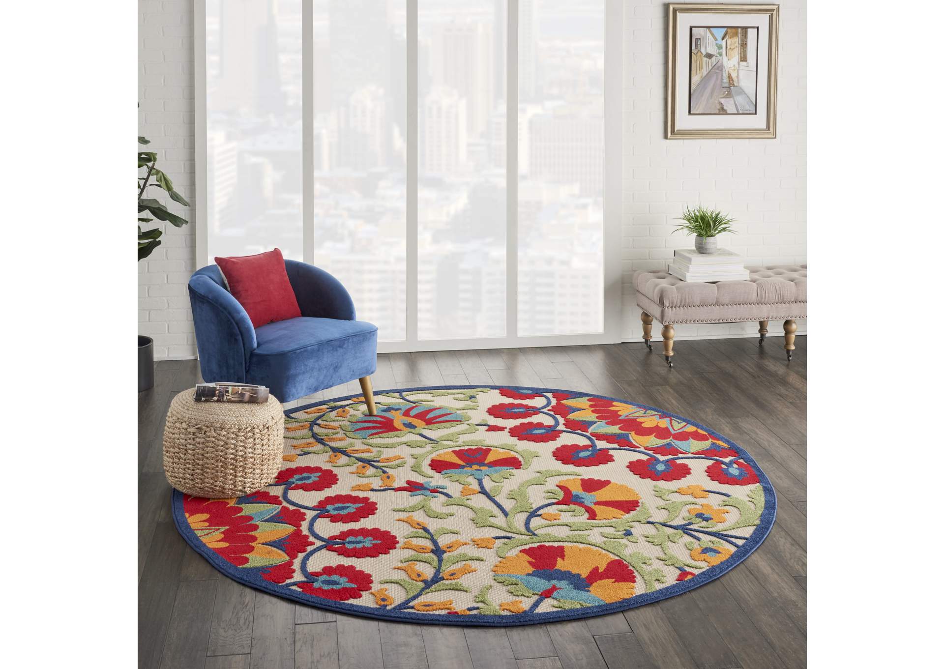 Nourison Aloha ALH20 8' Round Red Multicolor Easy-care Indoor-outdoor Rug,Nourison
