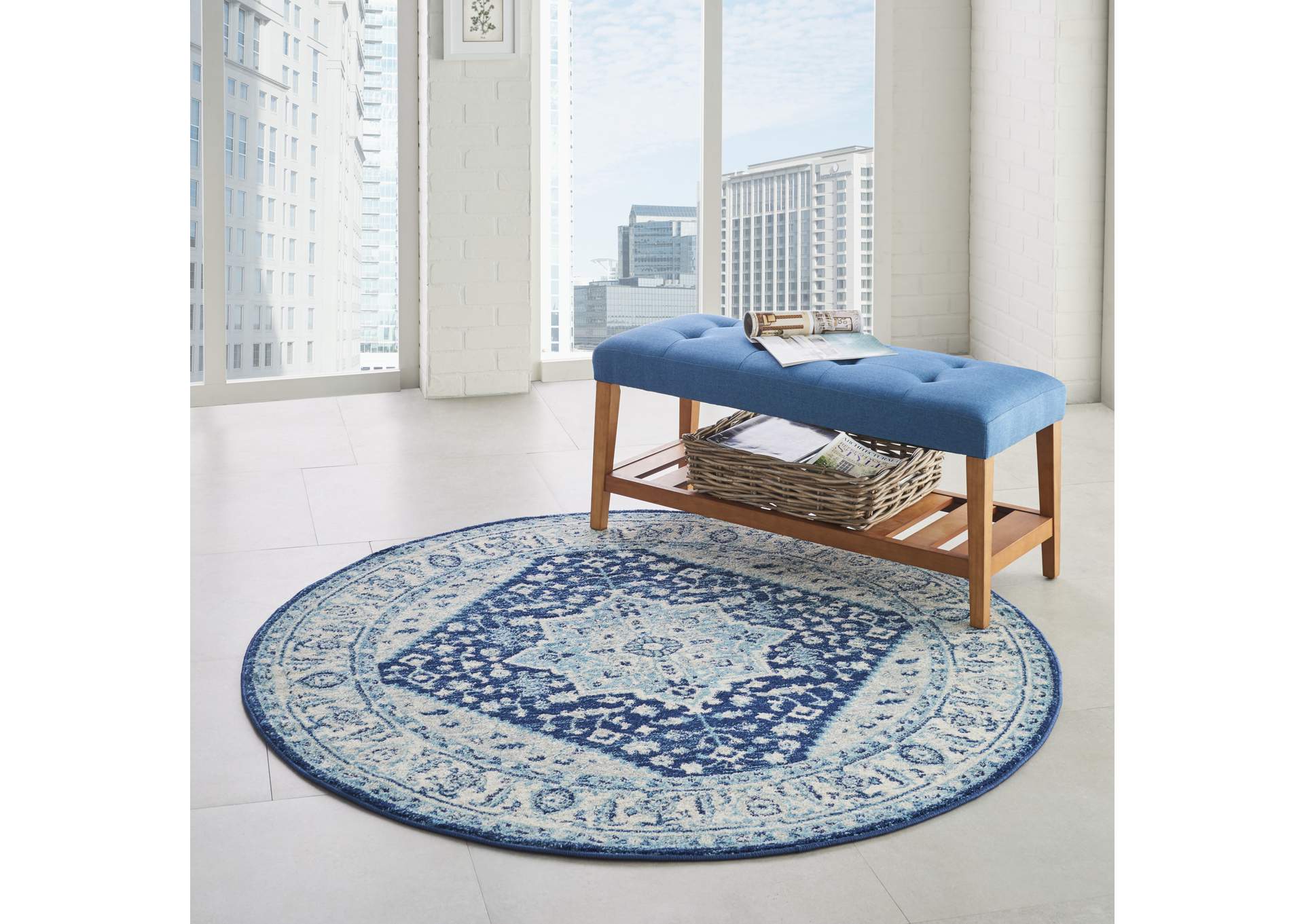 Nourison Tranquil TRA06 Blue and White 5' Round Persian Area Rug,Nourison