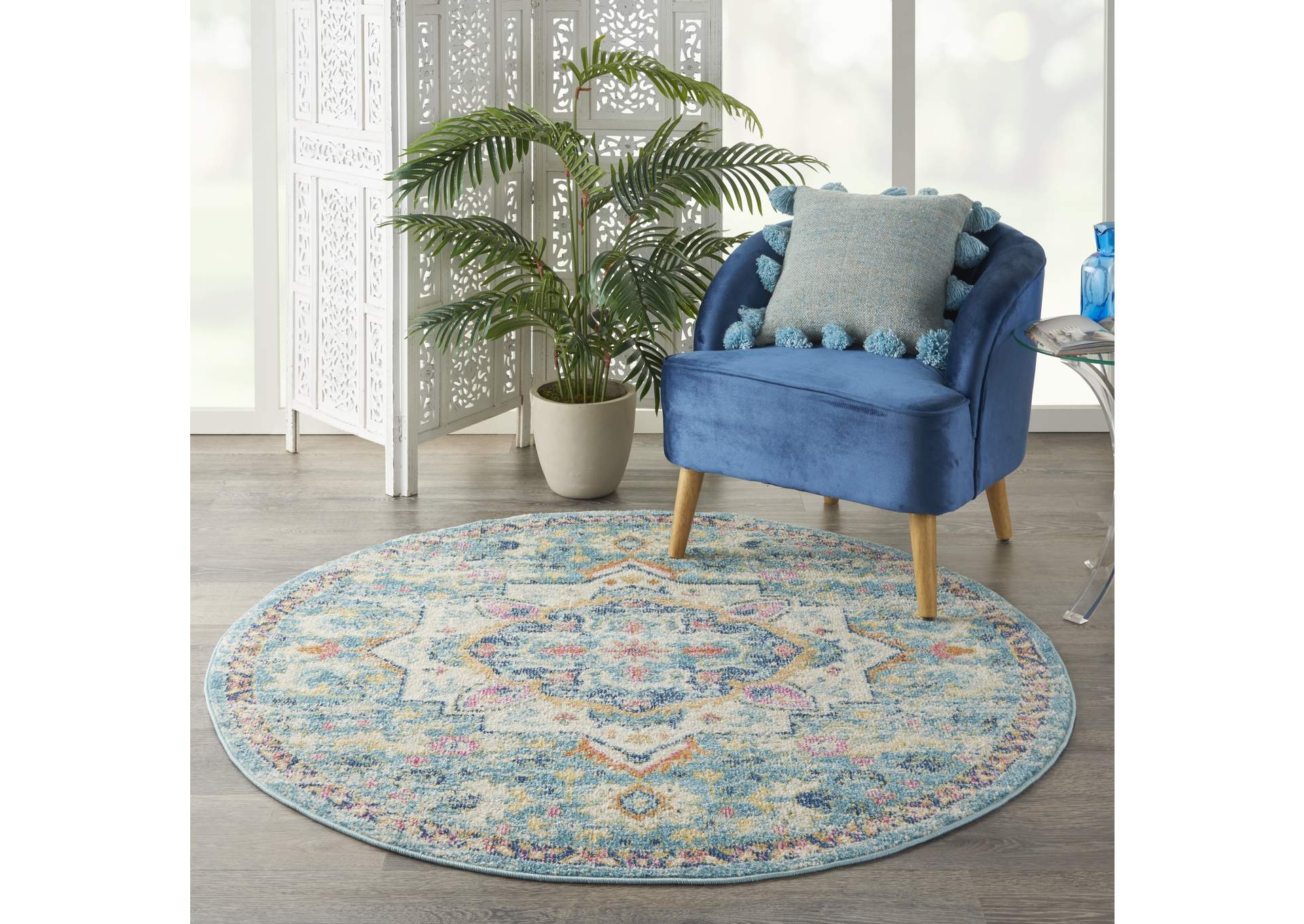 Nourison Passion 4' Round Ivory, Light Blue Bohemian Area Rug,Nourison