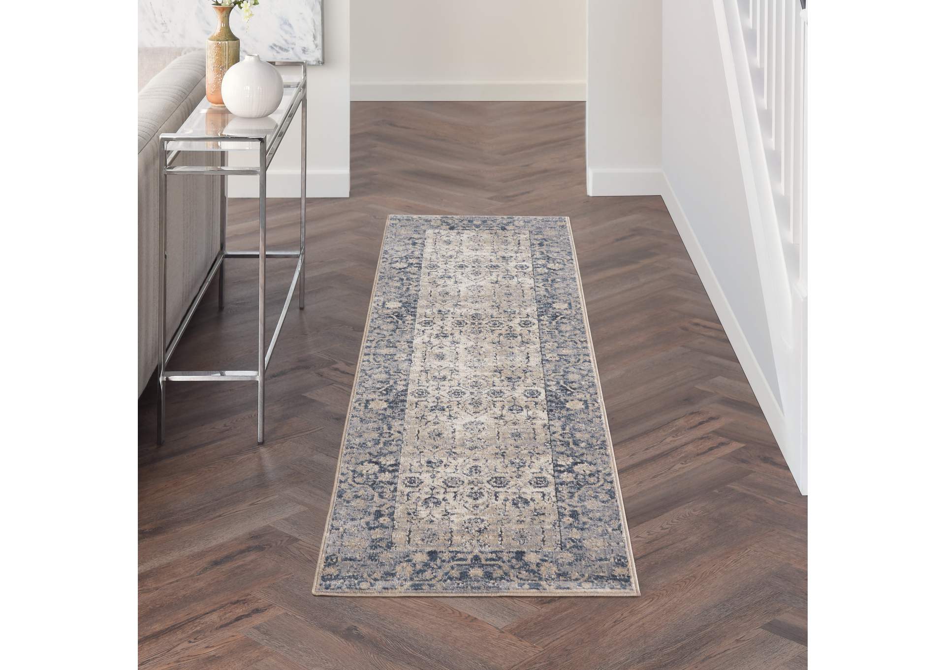 kathy ireland Home Malta MAI04 Blue and Ivory 8' Runner Hallway Rug,Nourison
