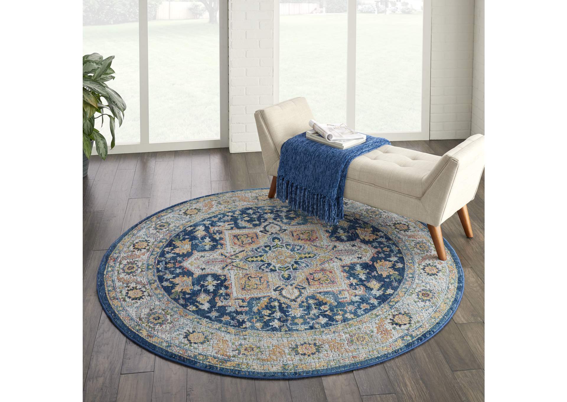 Nourison Ankara Global ANR11 Blue and Red Multicolor 4' Round Persian Area Rug,Nourison