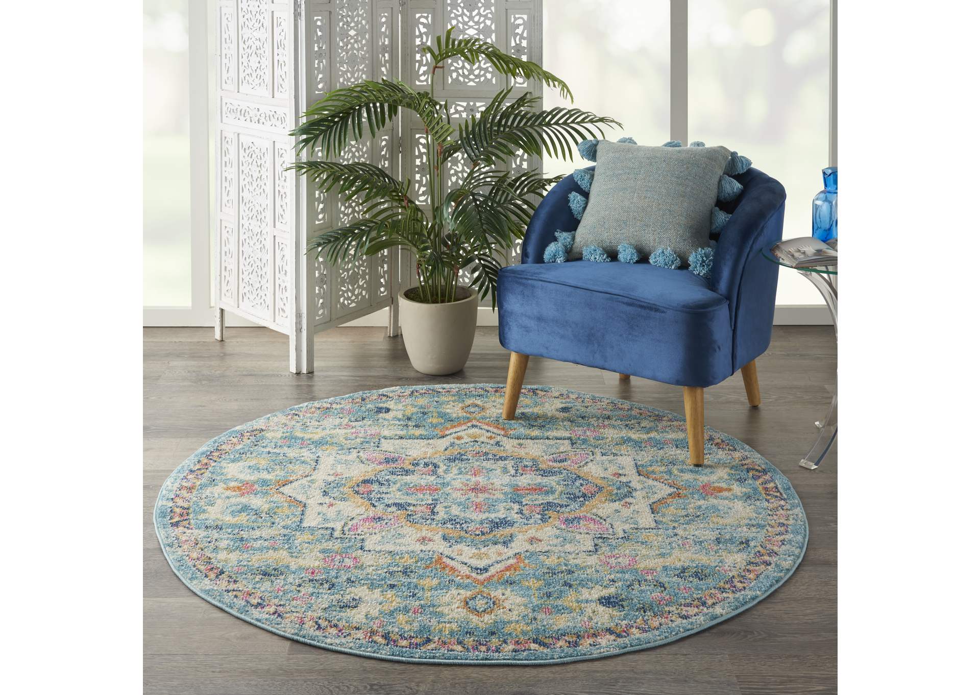 Nourison Passion 5' Round Ivory, Light Blue Bohemian Area Rug,Nourison
