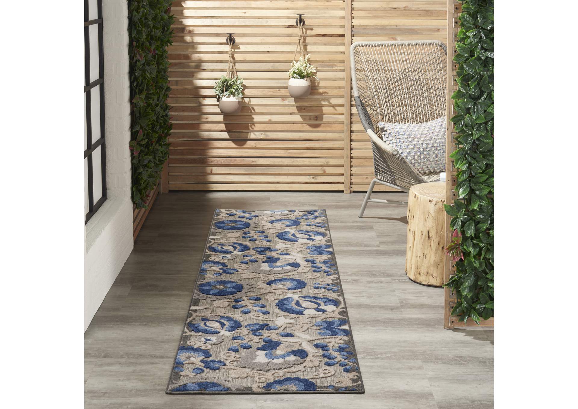 Nourison Aloha 6' Runner Blue Patio Area Rug,Nourison