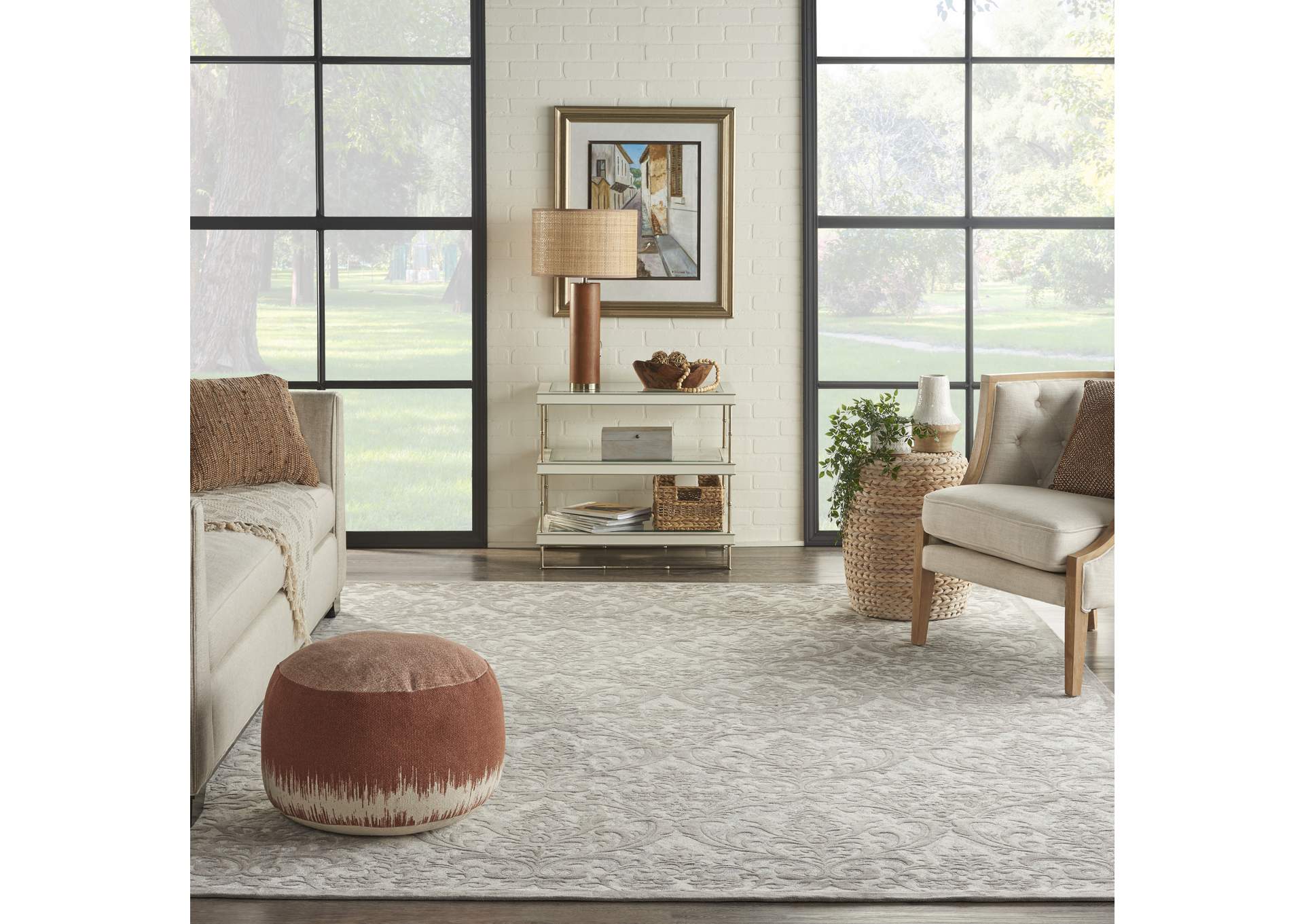 Nourison Damask DAS02 Grey and White 8'x10' Large Flat Rug,Nourison