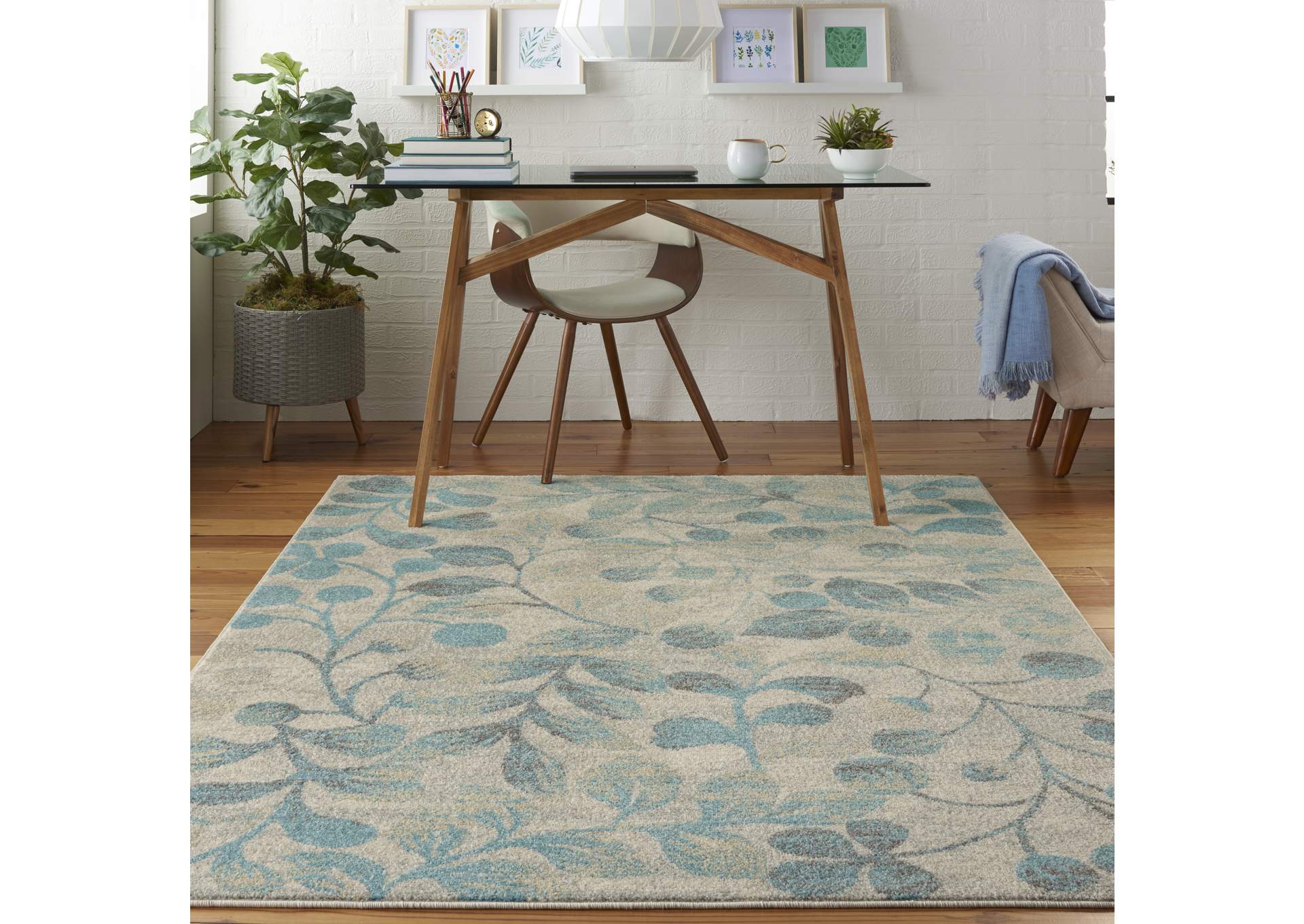 Nourison Tranquil TRA03 Turquoise and Beige 6'x9' Botanical Area Rug,Nourison