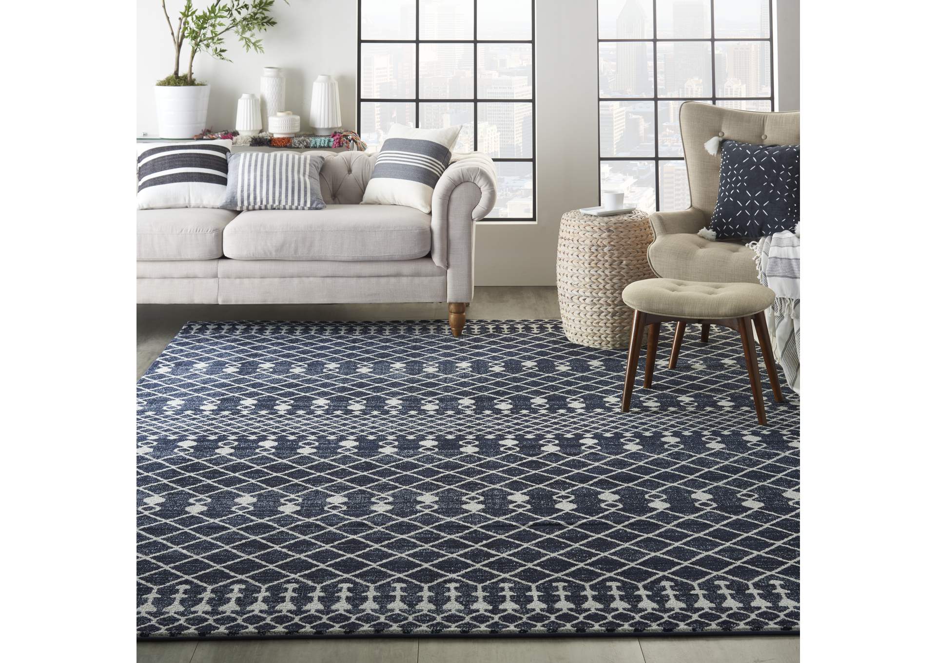 Nourison Palermo 8' x 10" Navy and Grey Distressed Bohemian Area Rug,Nourison