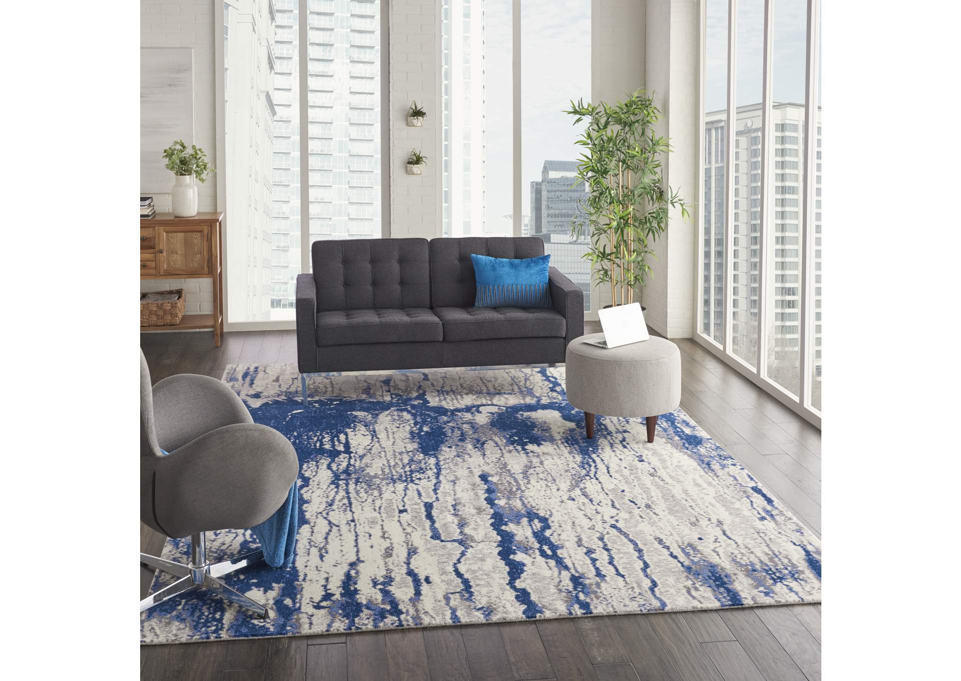Nourison Twilight TWI29 Navy Blue and White 9'x12' Oversized Rug,Nourison