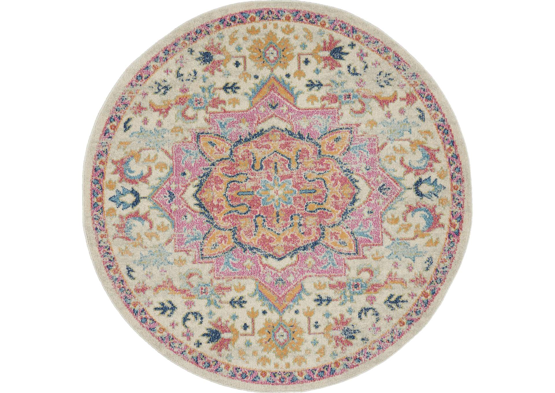 Nourison Passion 5' Round Ivory, Pink Bohemian Area Rug,Nourison