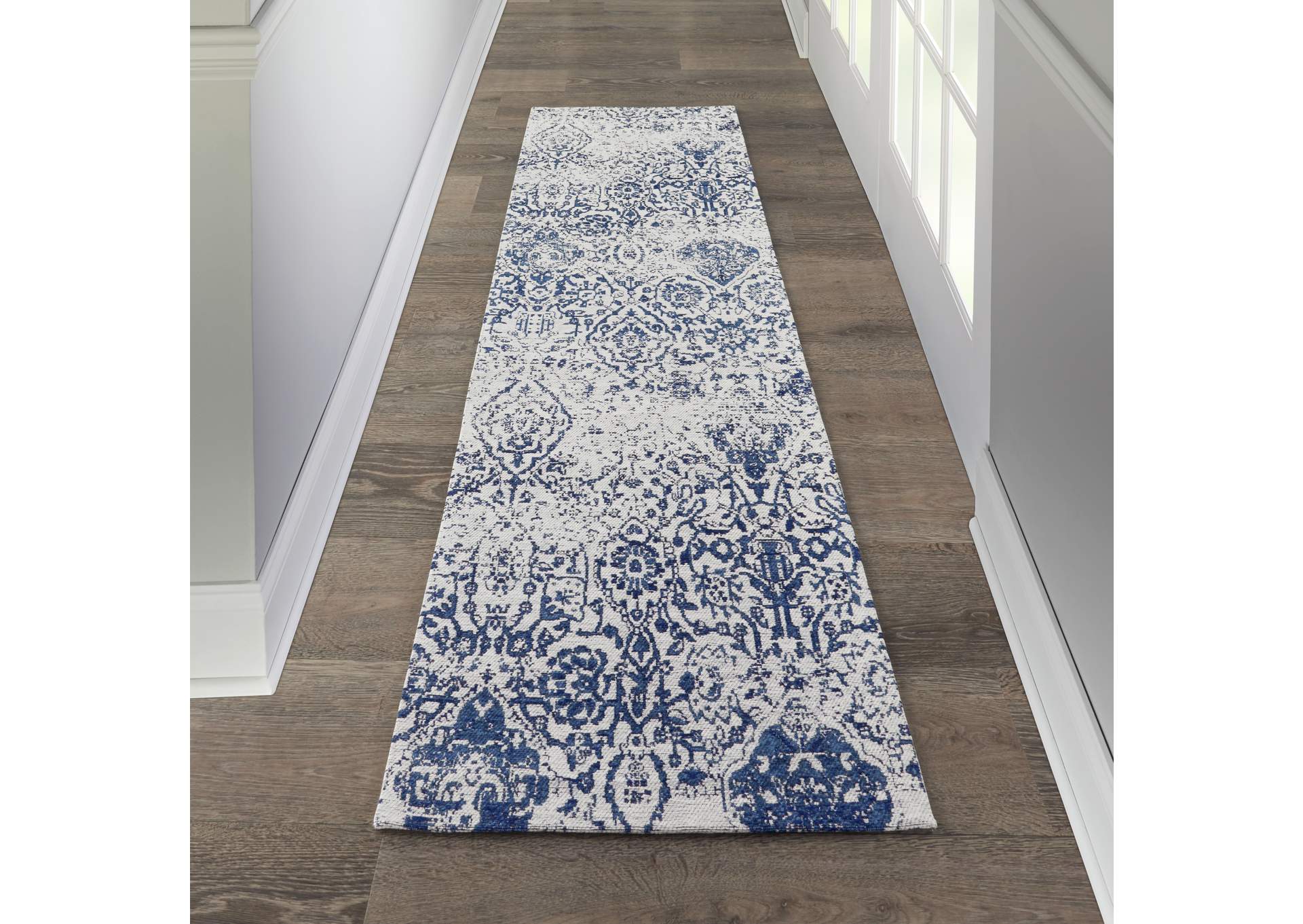 Nourison Damask DAS06 Dark Blue and White 8' Runner Flat Hallway Rug,Nourison