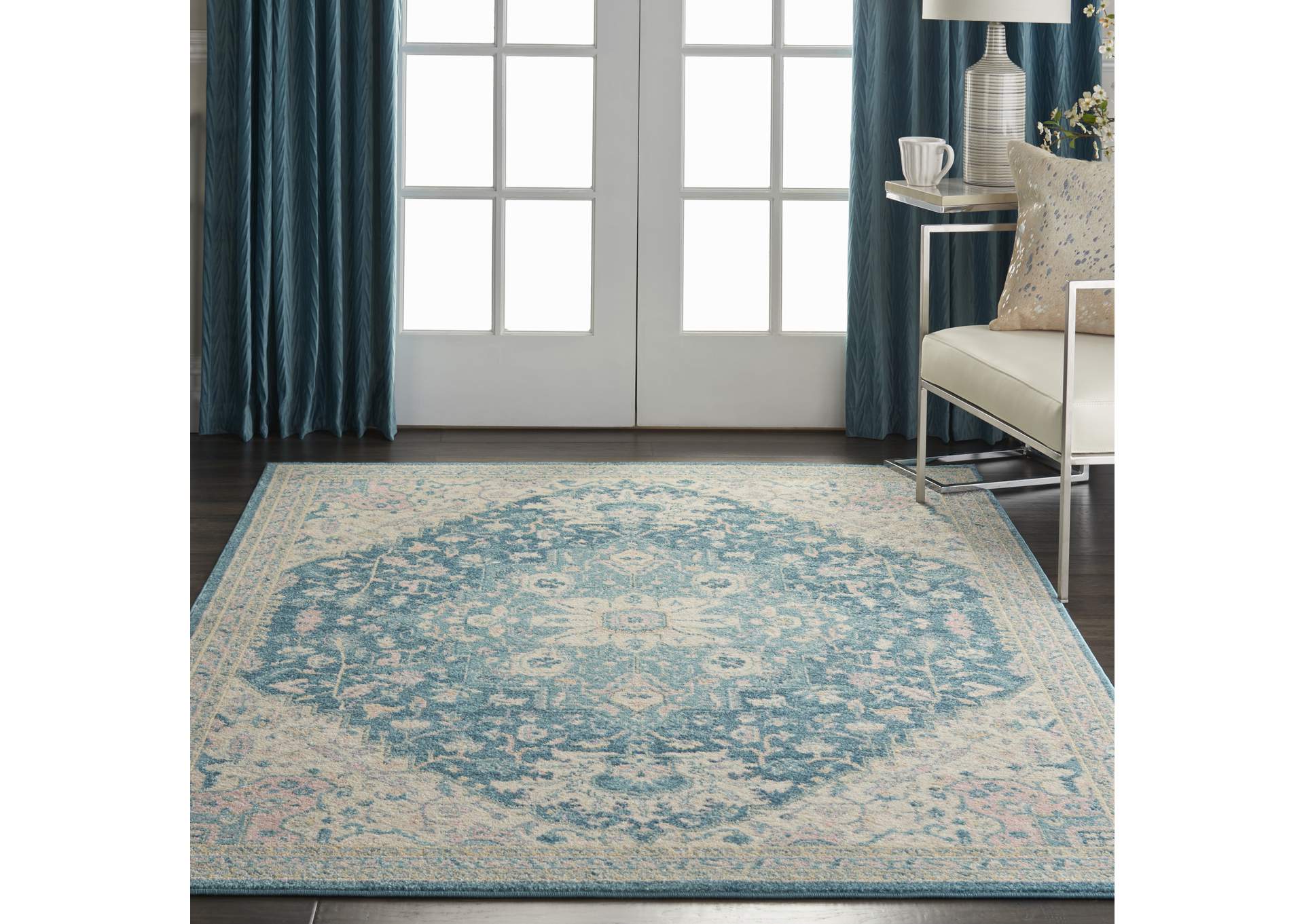Nourison Tranquil TRA07 Turquoise Blue and White 6'x9' Oushak Area Rug,Nourison