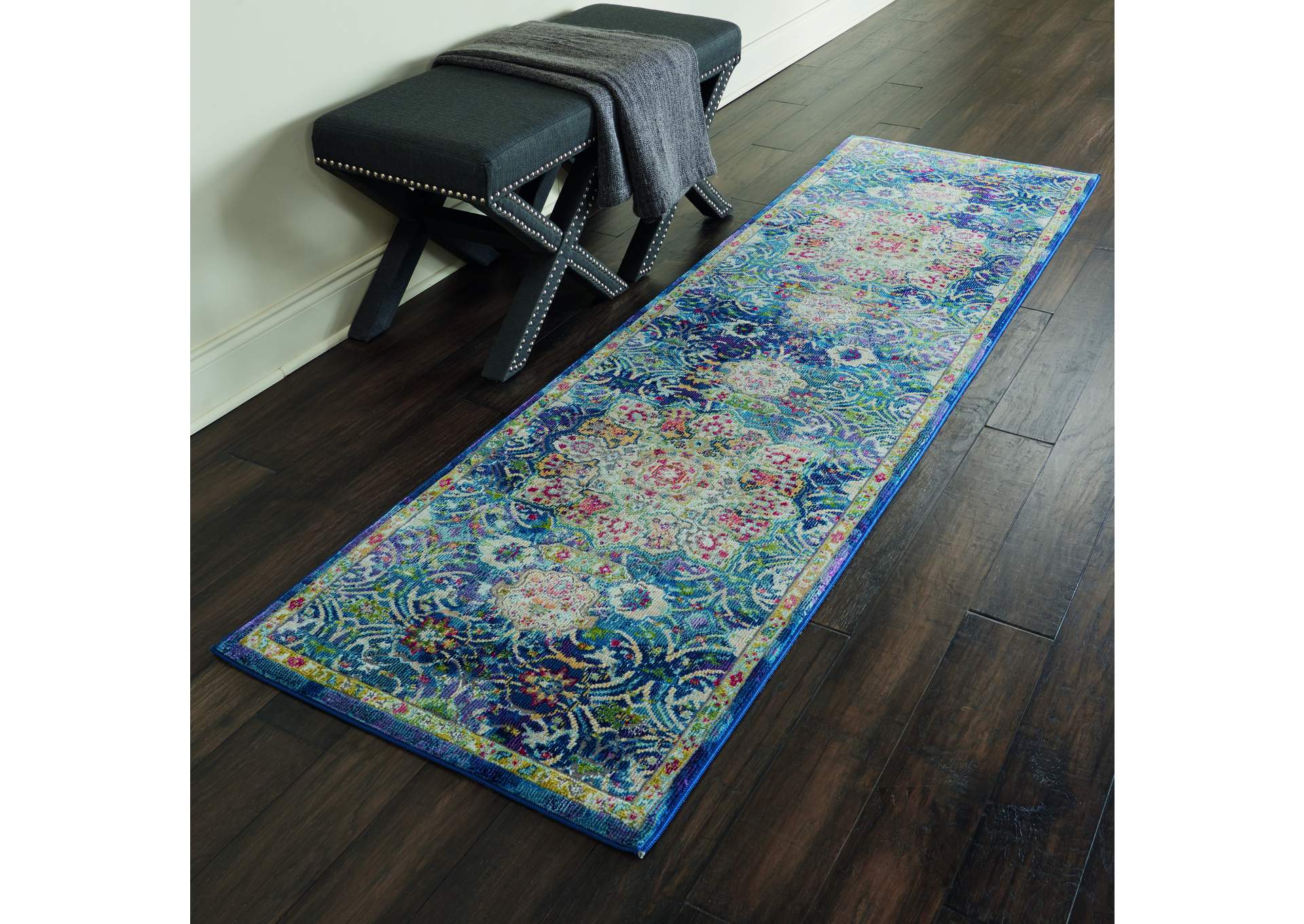 Nourison Ankara Global ANR03 Blue 8' Runner Low-pile Hallway Rug,Nourison