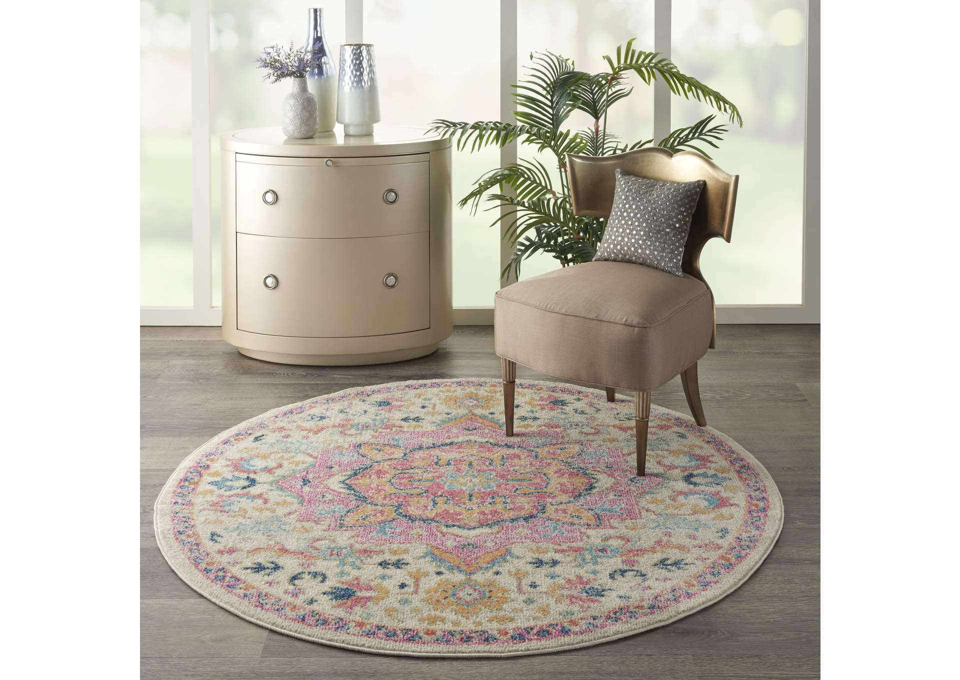 Nourison Passion 4' Round Ivory, Pink Bohemian Area Rug,Nourison