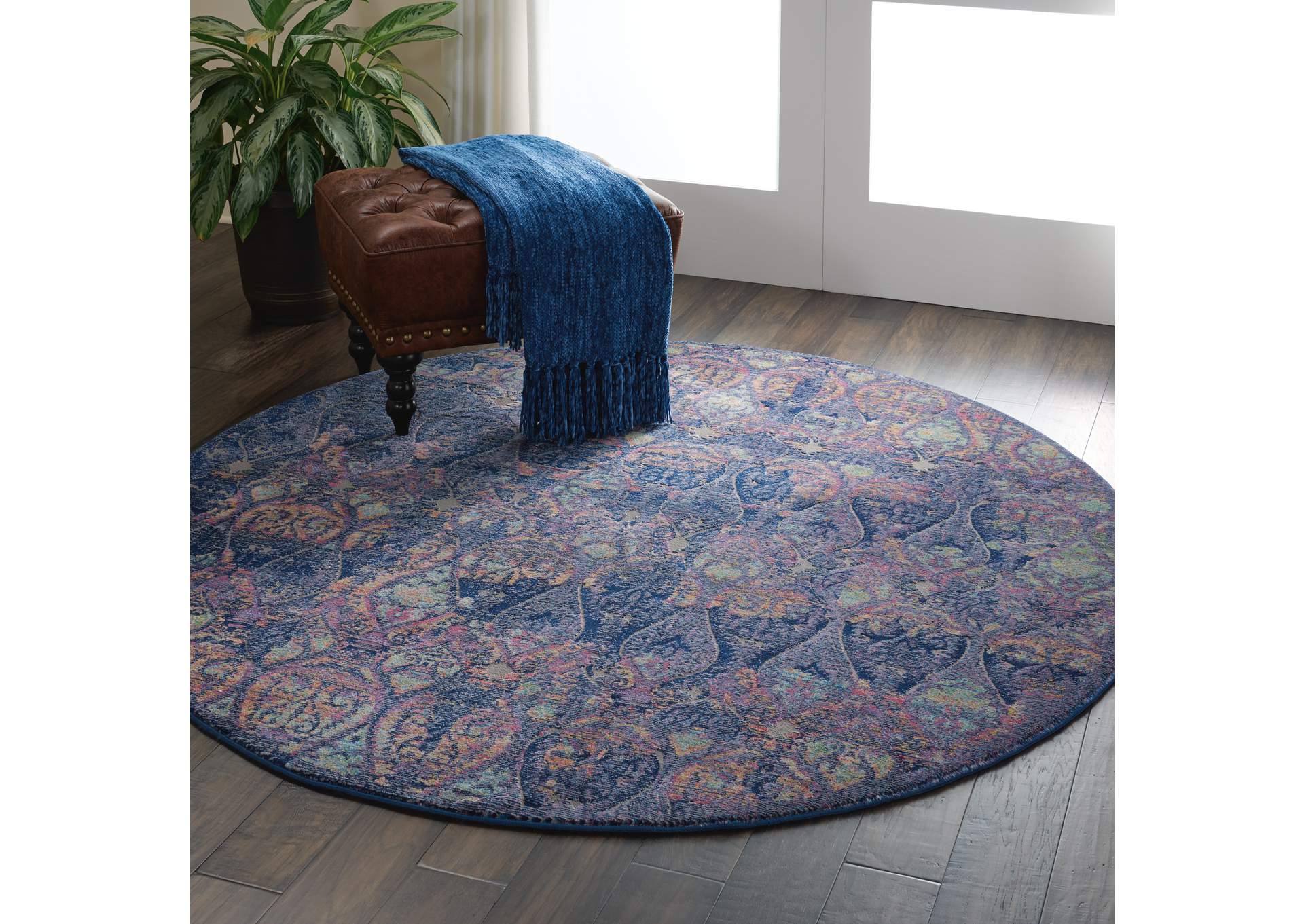 Nourison Ankara Global ANR08 Navy Blue Multicolor 6' Round Moroccan Area Rug,Nourison