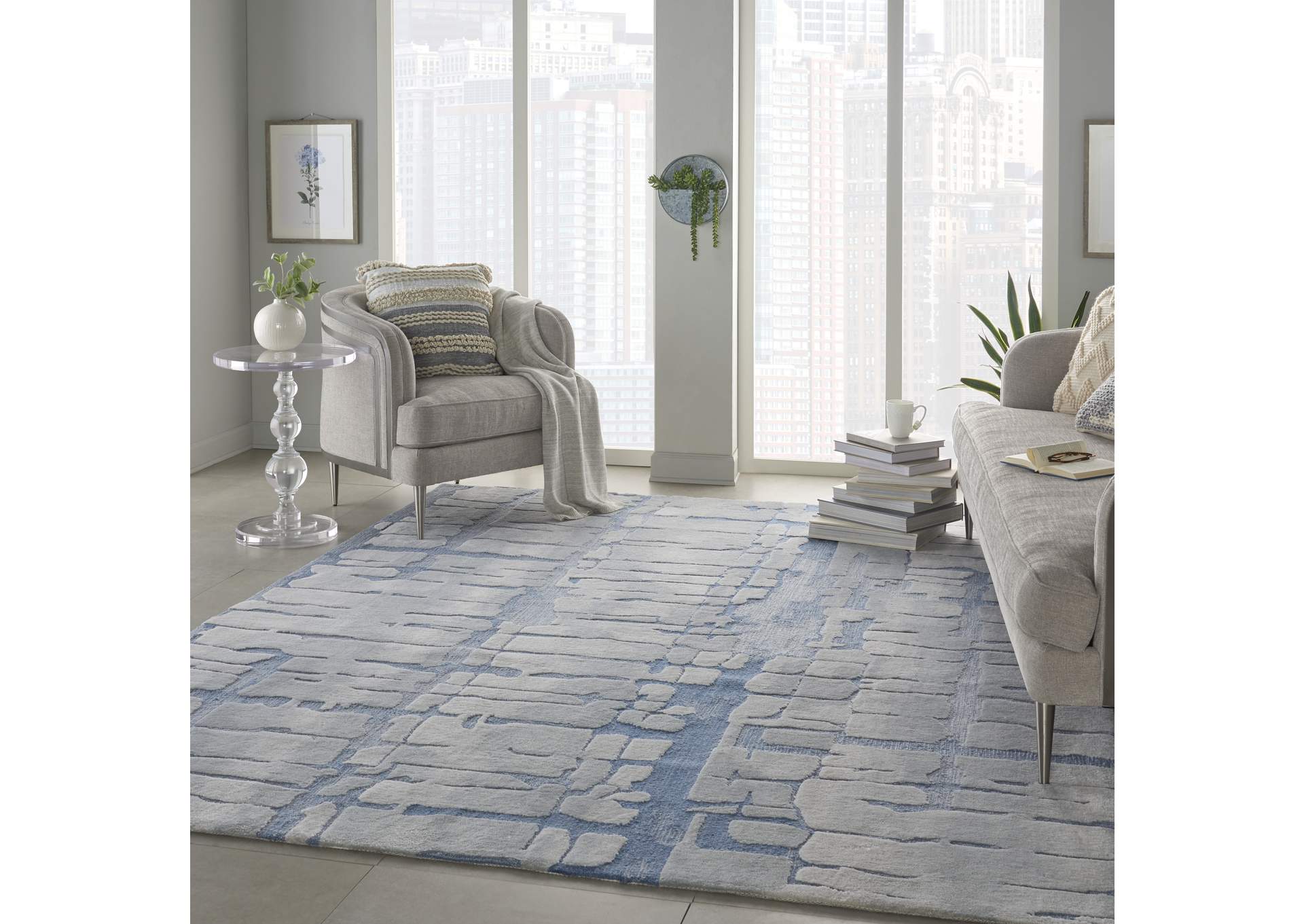 Nourison Symmetry SMM04 Blue and Grey 8'x10' Large Textured Rug,Nourison