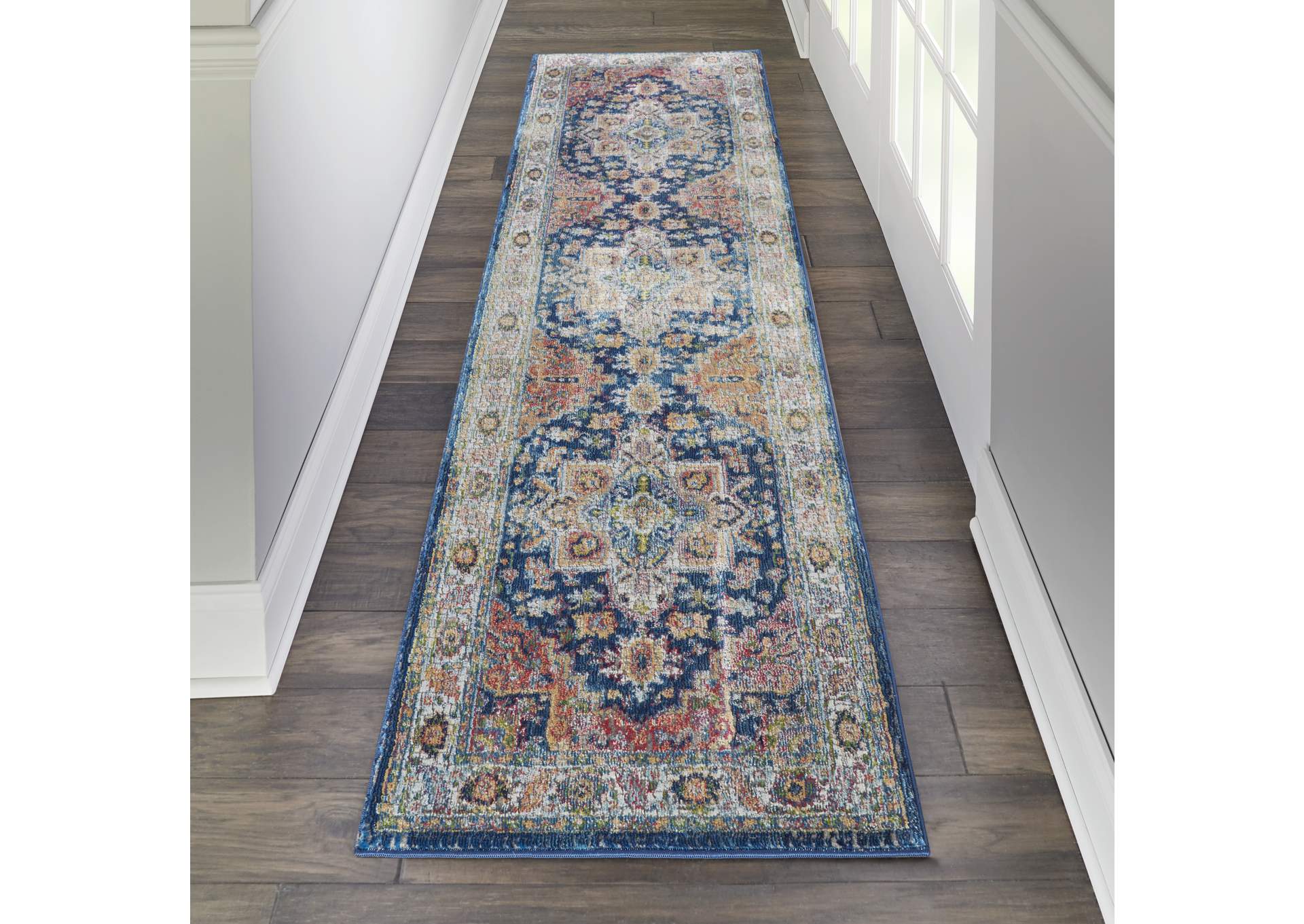 Nourison Ankara Global ANR11 Blue and Red Multicolor 6' Runner Textured Hallway Rug,Nourison