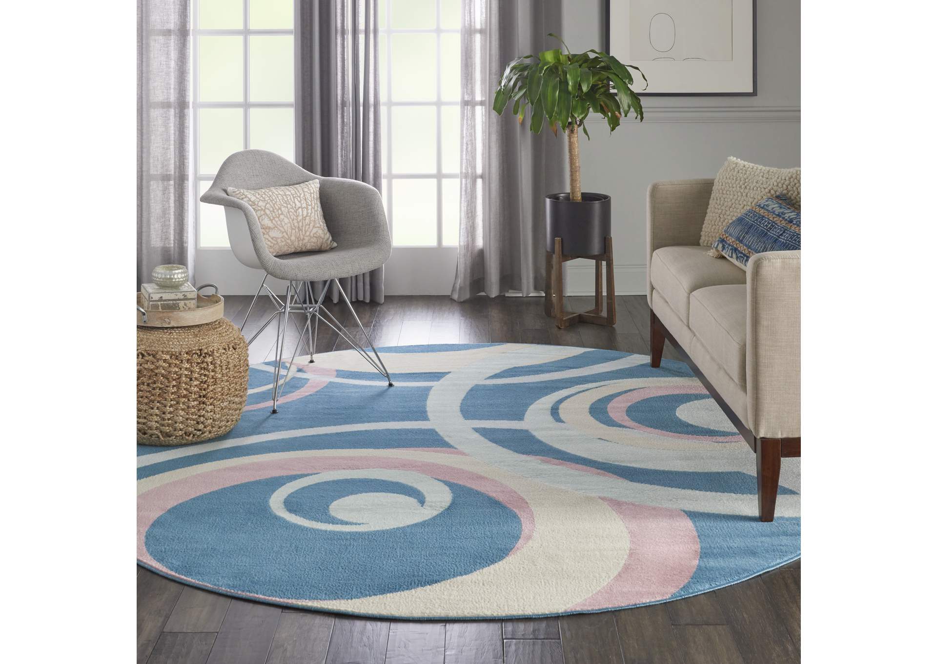 Nourison Grafix GRF21 Blue and Pink 8' Round Large Rug,Nourison