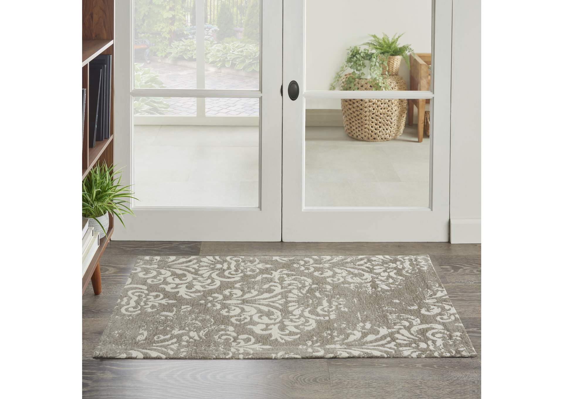 Nourison Damask 2' X 4' Grey and White Vintage Area Rug,Nourison