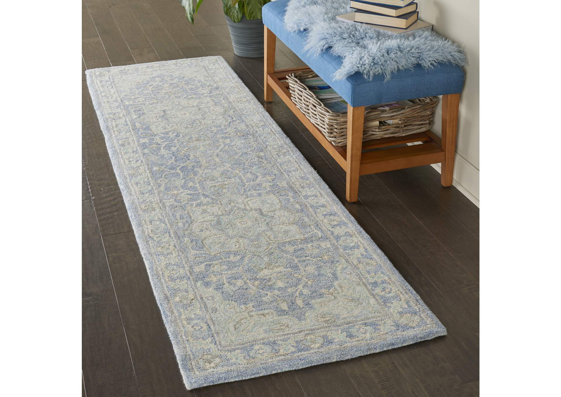 Nourison Jazmine JAZ01 Light Blue 8' Runner Wool Hallway Rug,Nourison