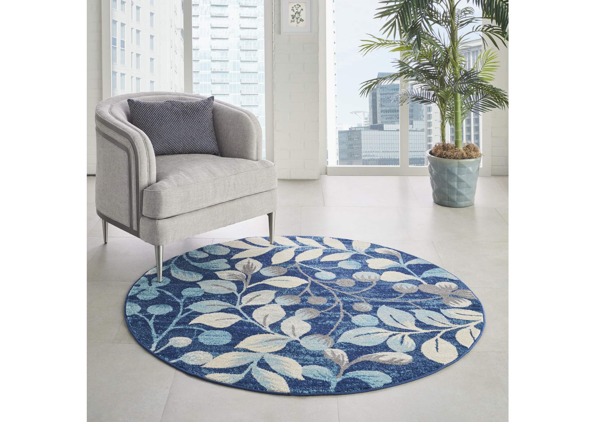 Nourison Tranquil TRA03 Navy Blue 5' Round Botanical Area Rug,Nourison