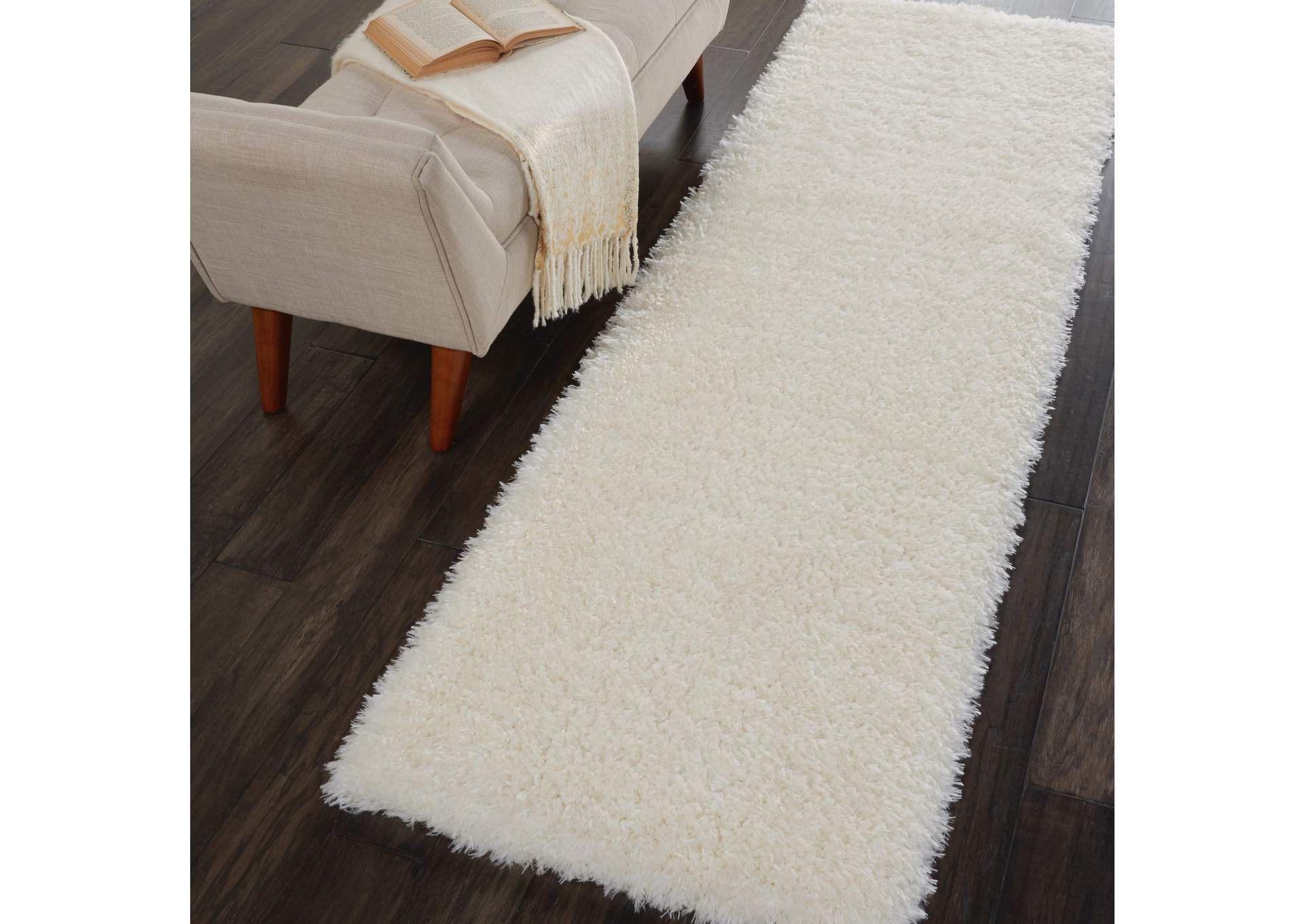 Nourison Luxe Shag LXS01 White 8' Runner Hallway Rug,Nourison