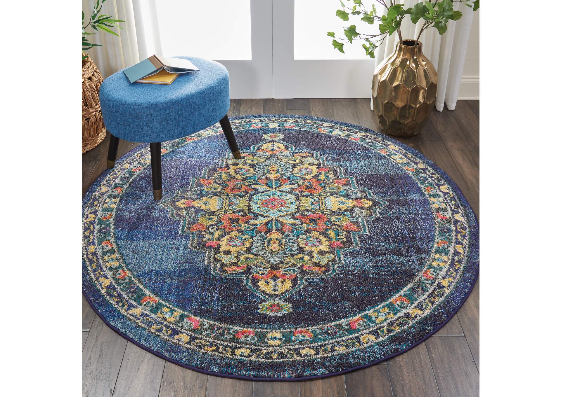 Nourison Passionate PST01 Dark Blue Multicolor 5' Round Kashan Area Rug,Nourison