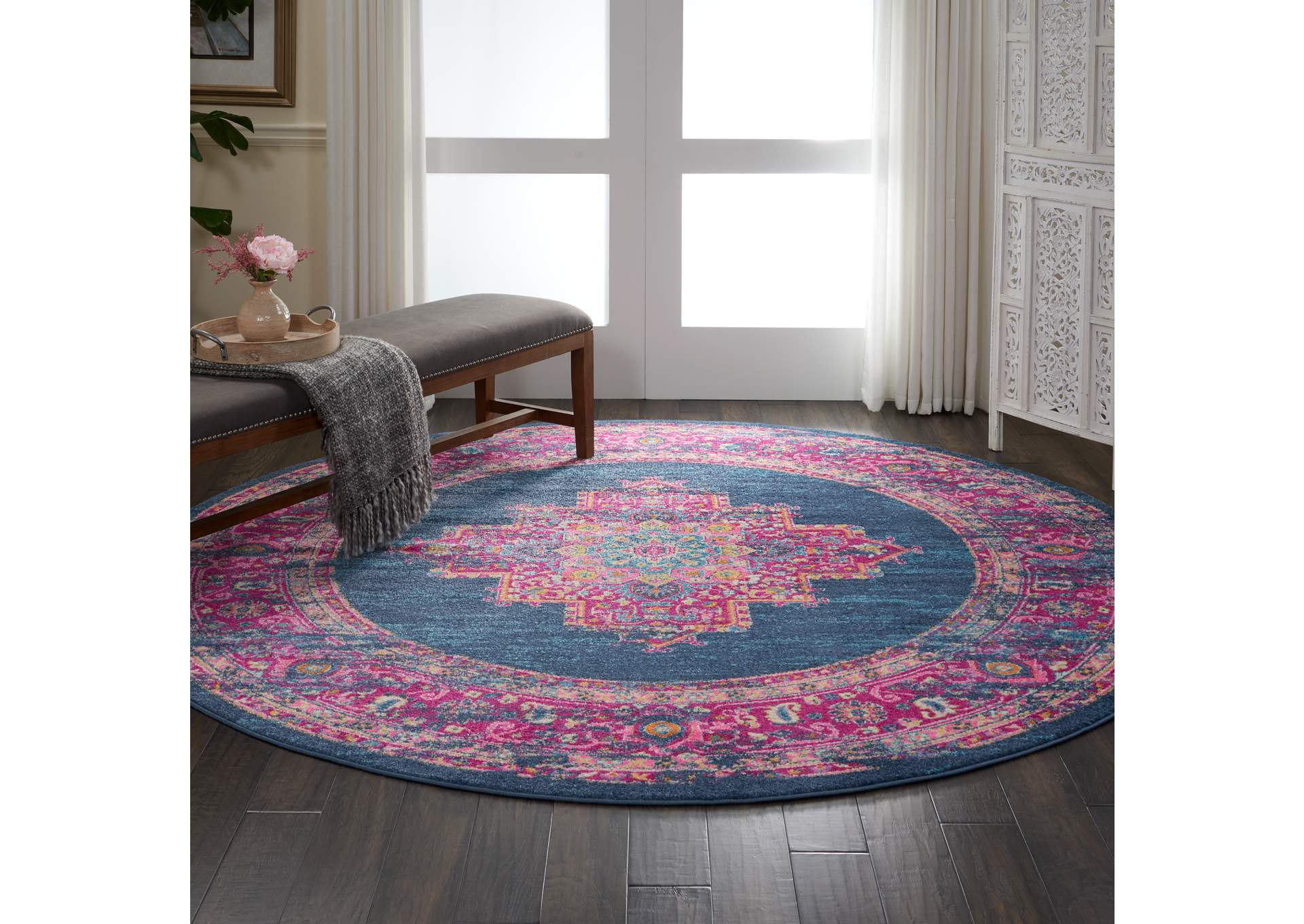 Nourison Passion PSN03 Blue and Pink 8' Round Large Rug,Nourison