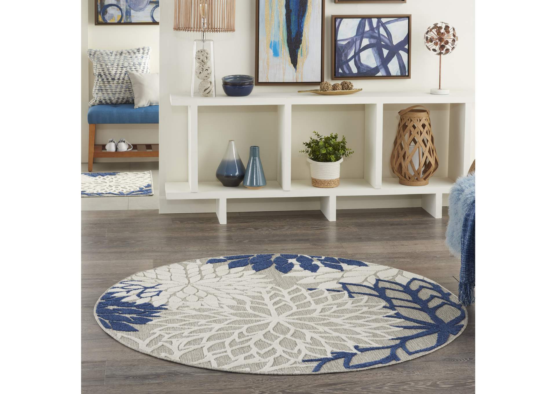 Nourison Aloha 5' Round Ivory Navy Area Rug,Nourison