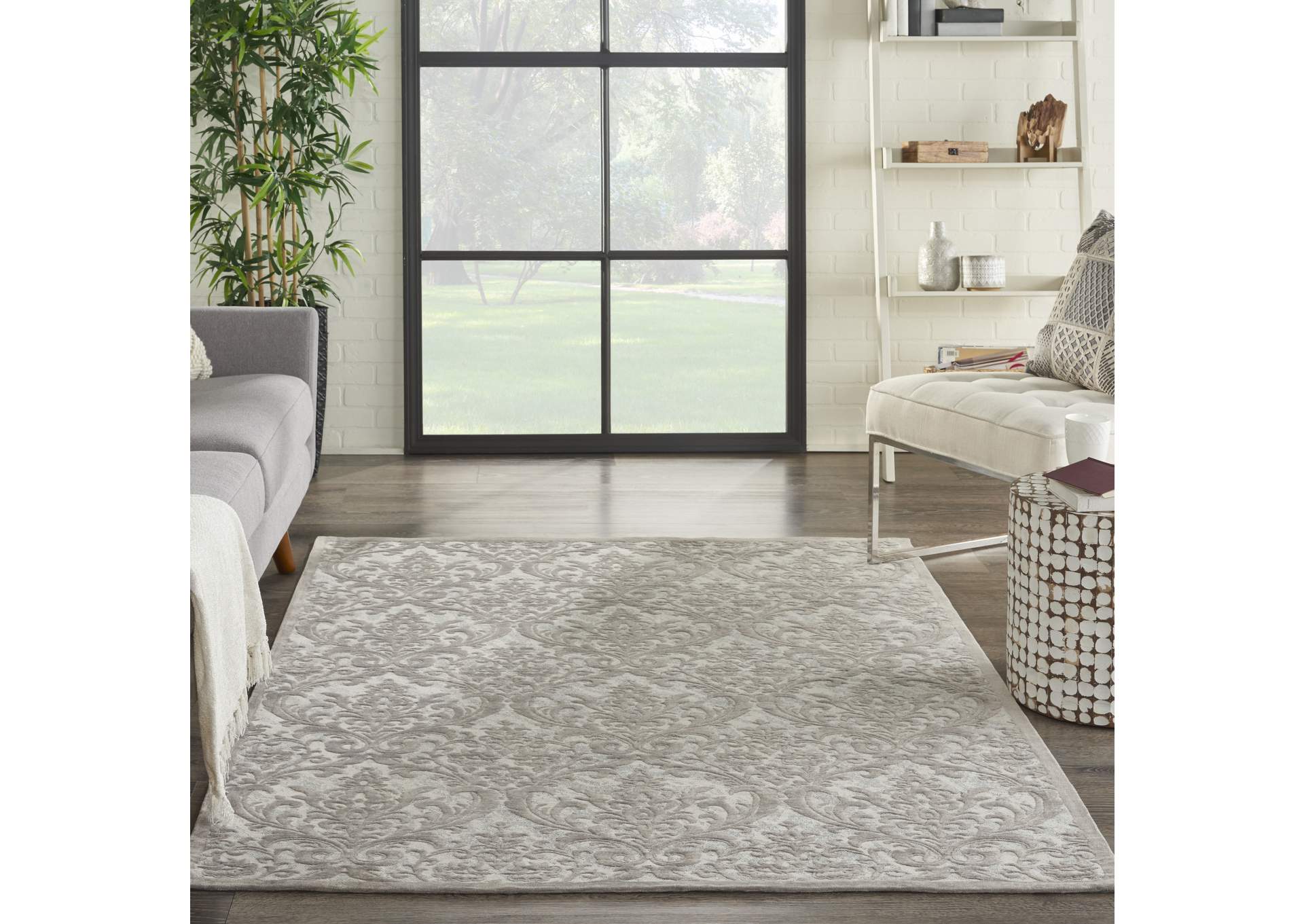 Nourison Damask DAS02 Grey and White 5'x7' Vintage Area Rug,Nourison