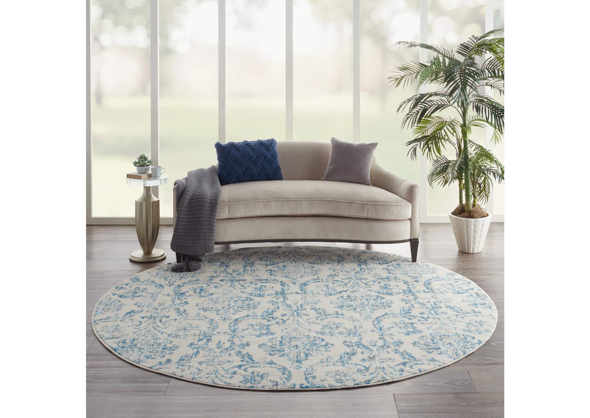 Nourison Jubilant 8' Round White and Blue Area Rug,Nourison