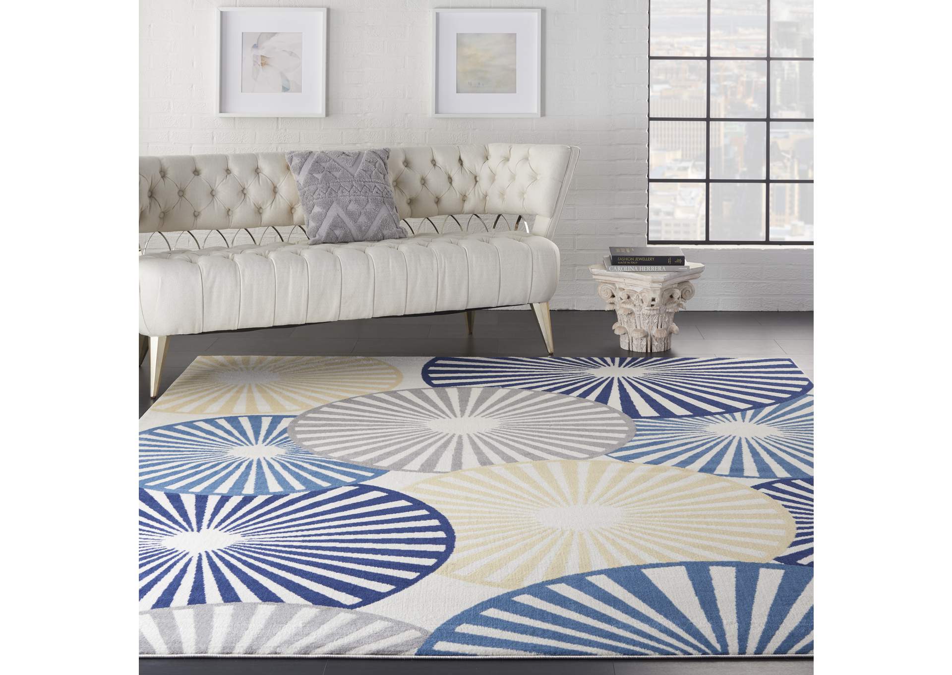 Nourison Grafix GRF20 White and Blue 8'x10' Large Rug,Nourison