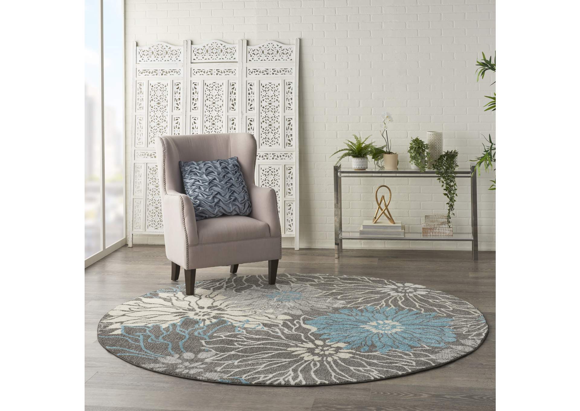 Nourison Passion 8' Round Charcoal and Blue Area Rug,Nourison