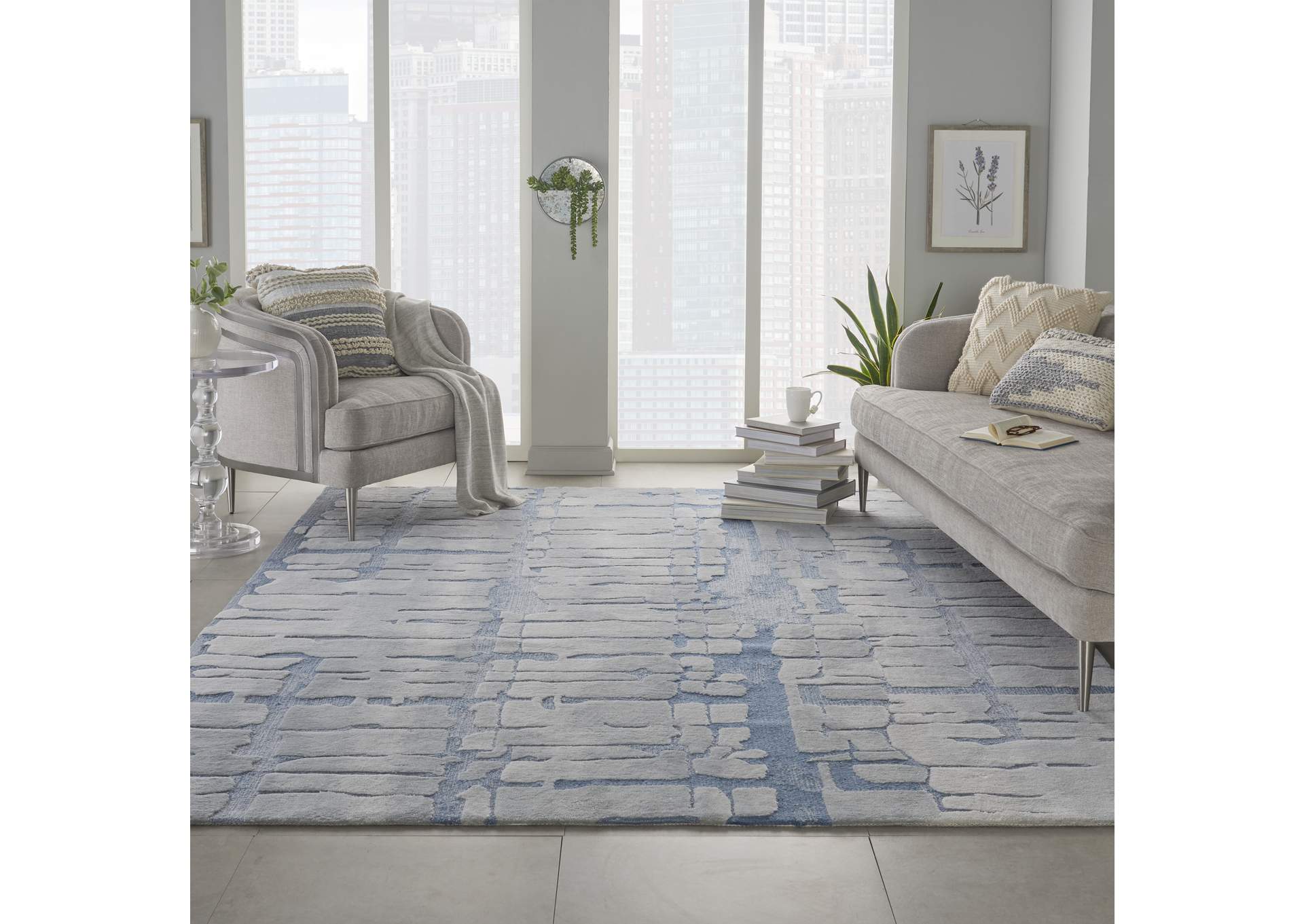 Nourison Symmetry SMM04 Blue and Grey 9'x12' Oversized Textured Rug,Nourison