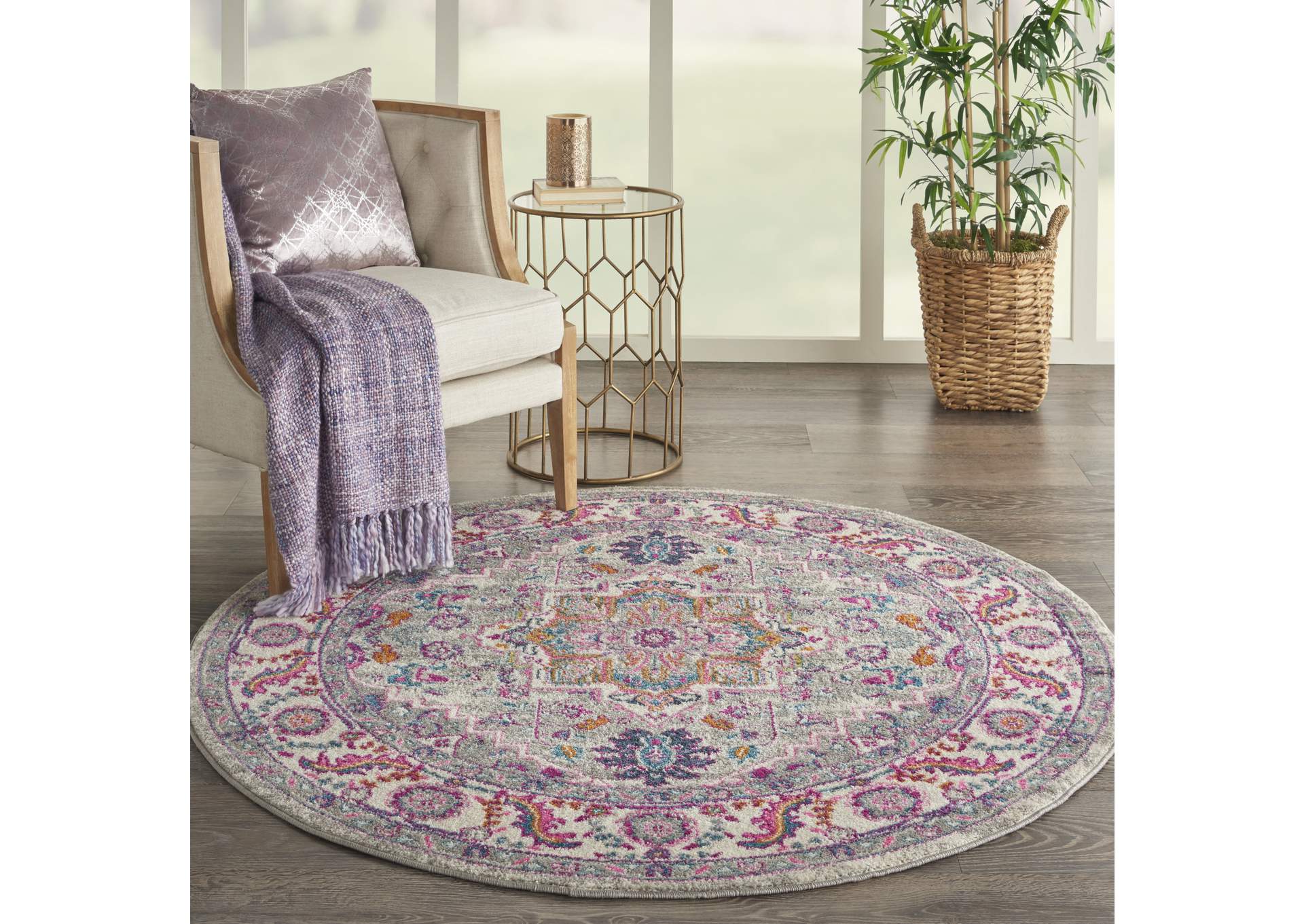 Nourison Passion PSN20 Grey and Pink 4' Round Persian Area Rug,Nourison