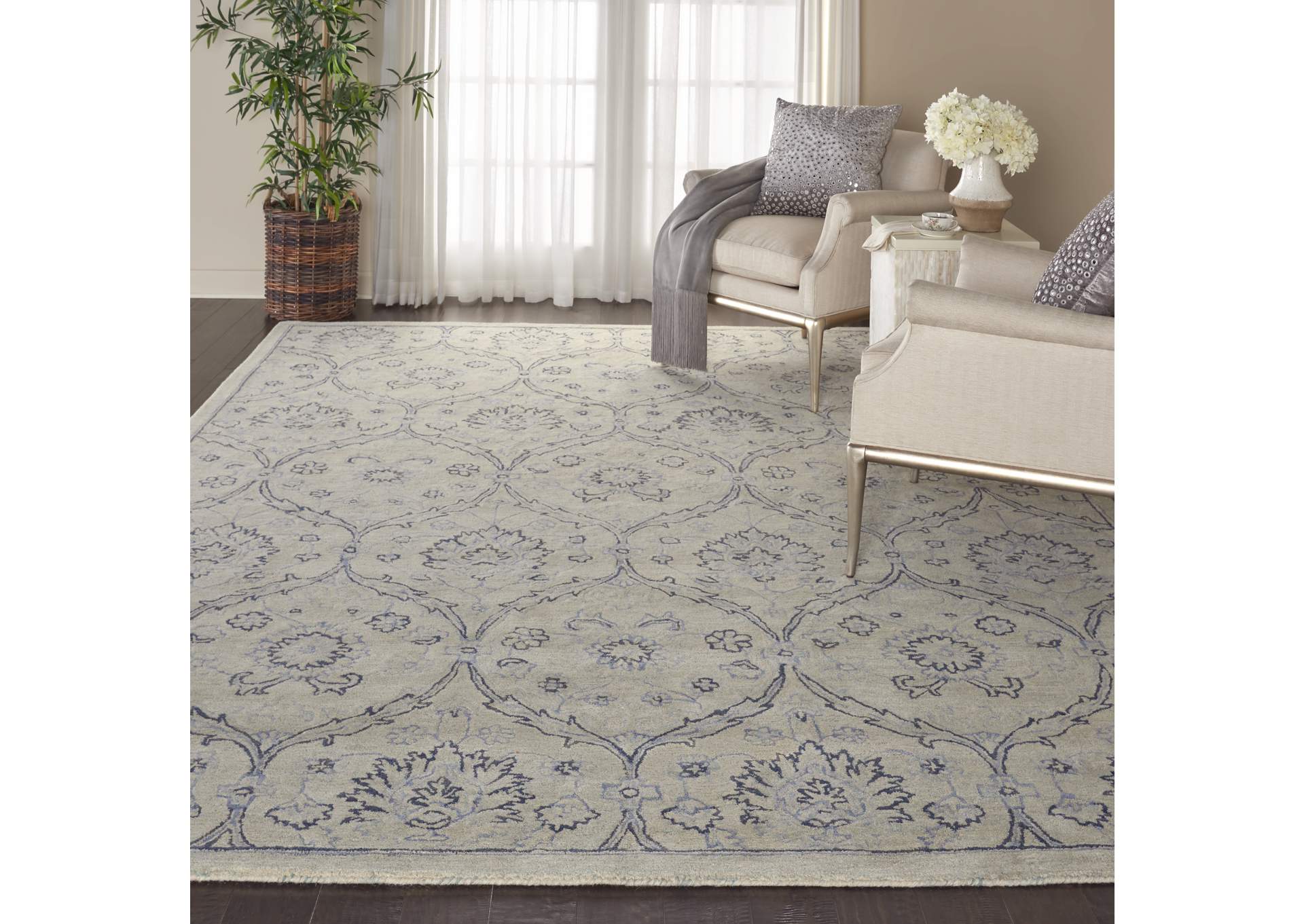 Nourison Jazmine JAZ03 Ivory and Blue 9'x12' Oversized Wool Rug,Nourison