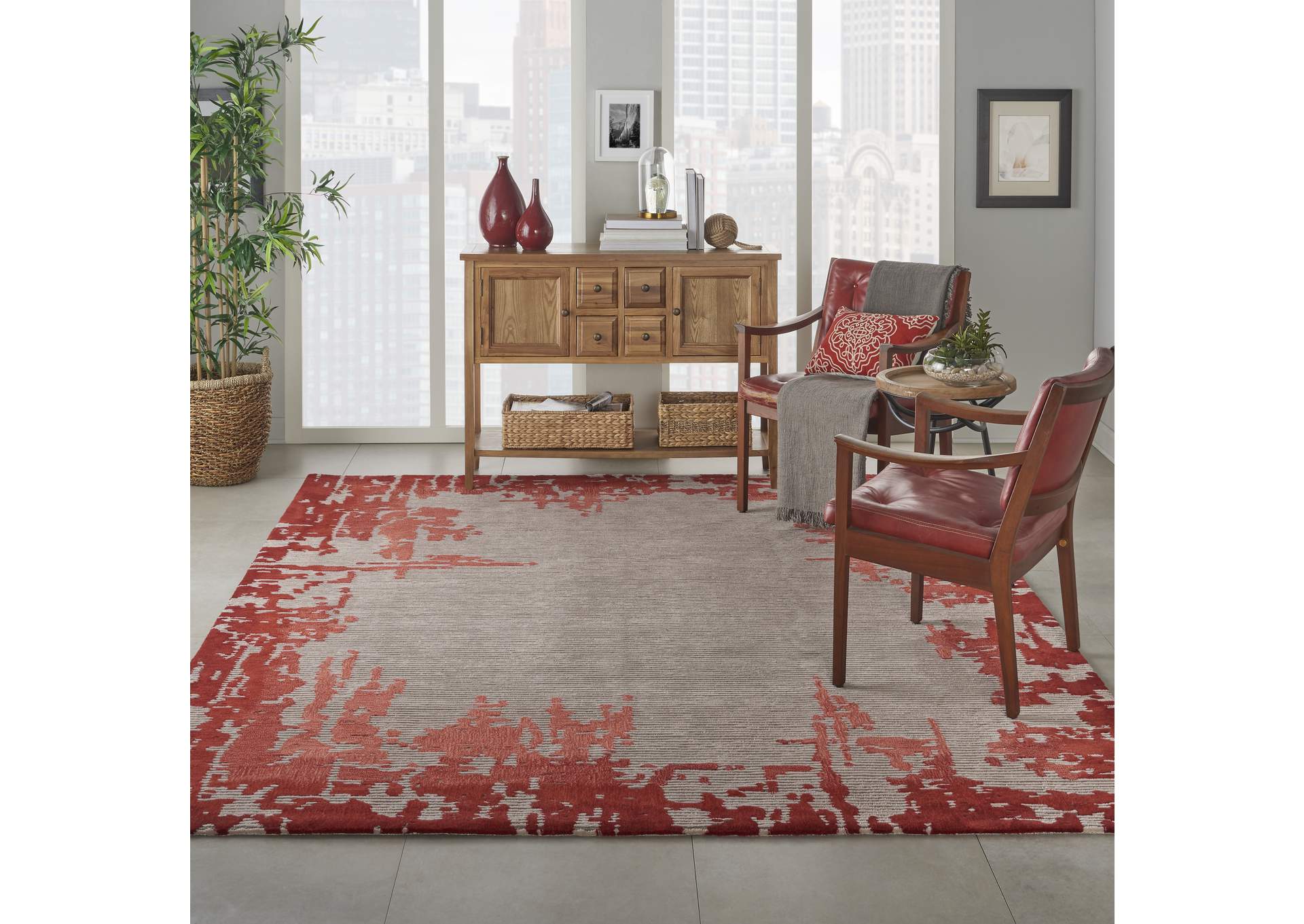 Nourison Symmetry SMM02 Ivory and Red 9'x12' Oversized Textured Rug,Nourison