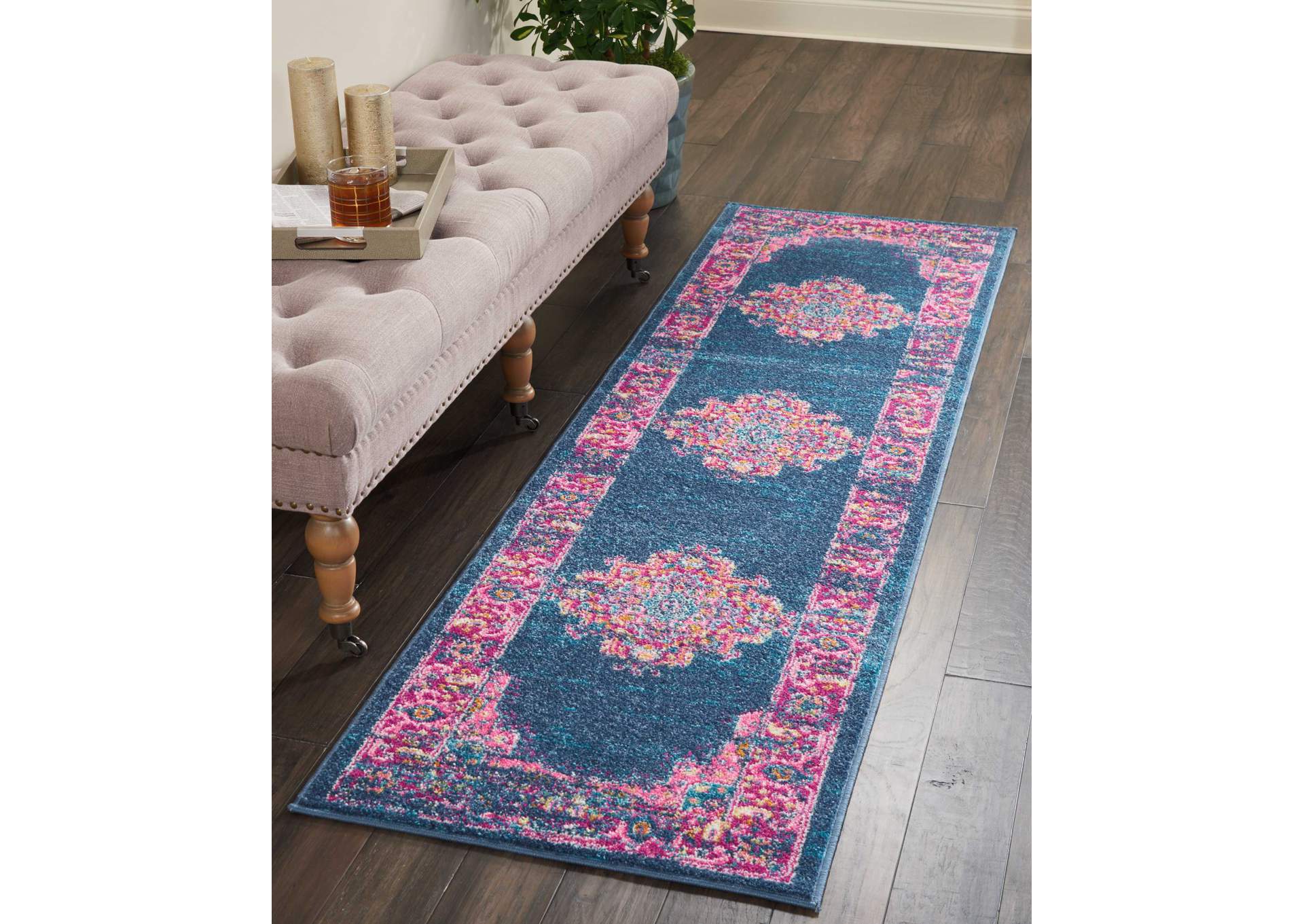 Nourison Passion PSN03 Blue and Pink 8' Runner Hallway Rug,Nourison