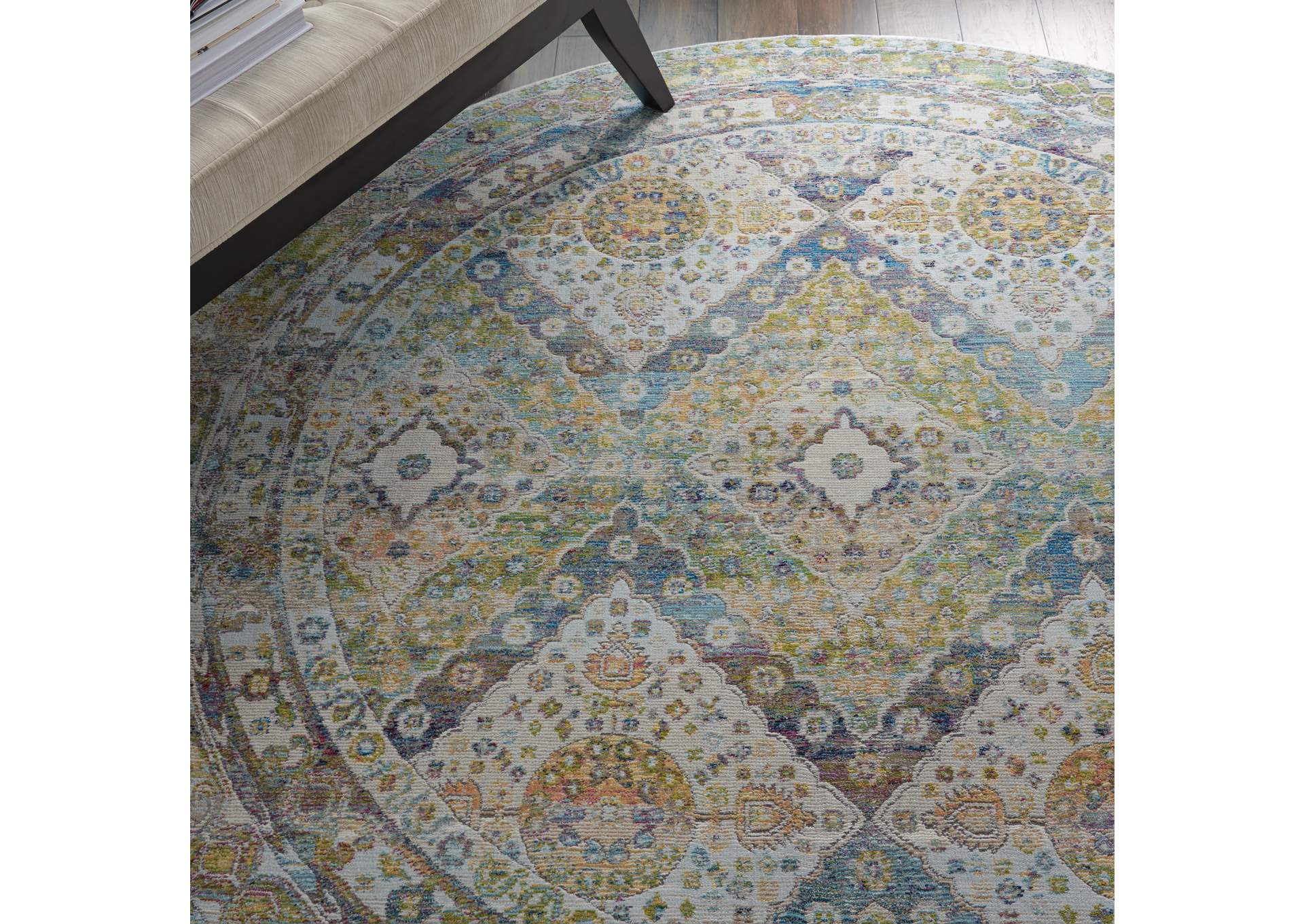 Nourison Ankara Global ANR07 Blue and Green 6' Round Farmhouse Area Rug,Nourison