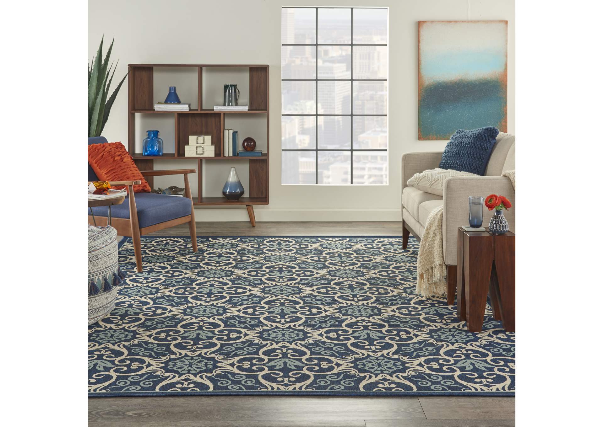 Nourison Caribbean CRB02 Navy Blue and White 8'x11' Oversized Rug,Nourison