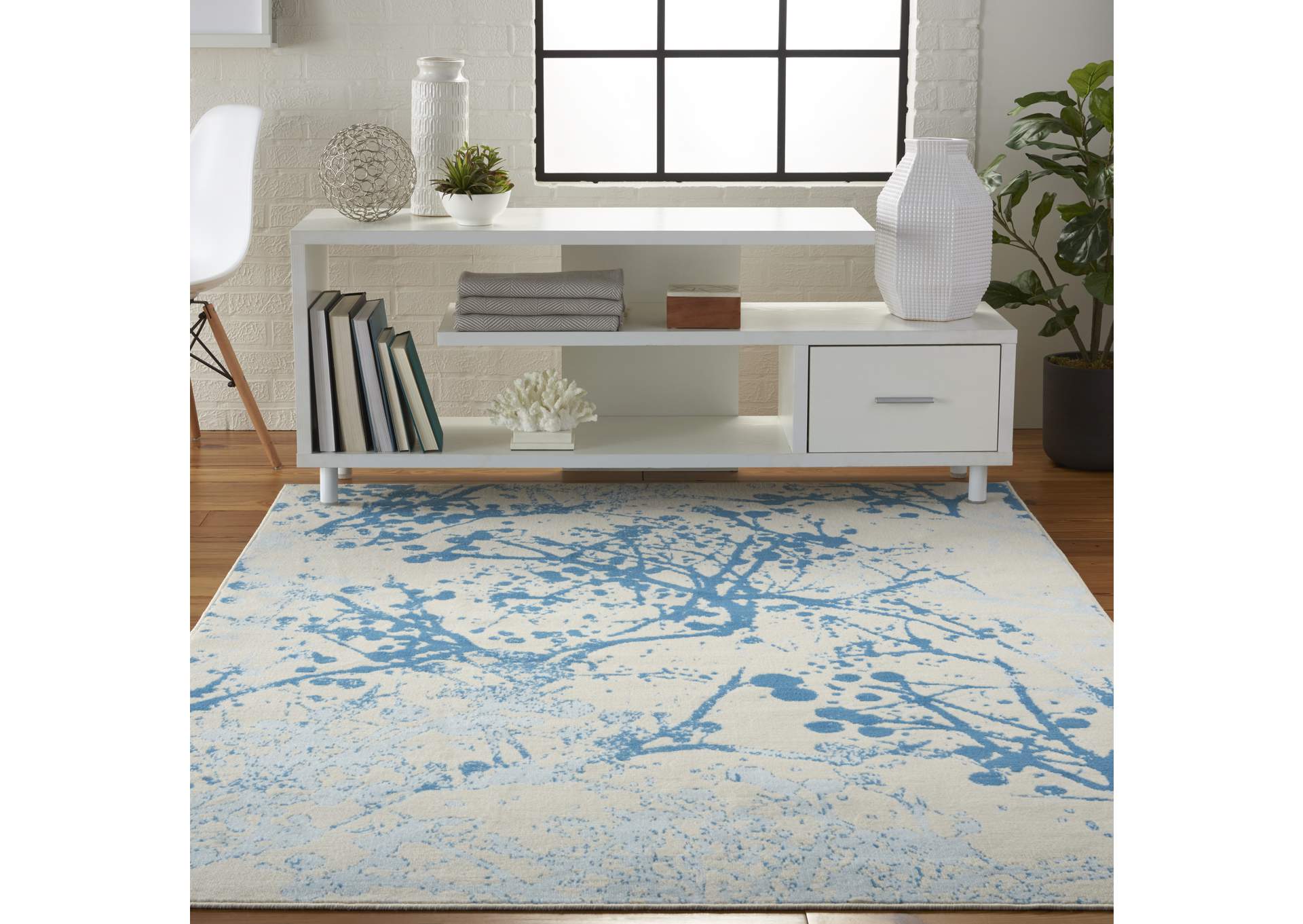 Nourison Jubilant JUB12 White and Blue 5'x7' Contemporary Area Rug,Nourison