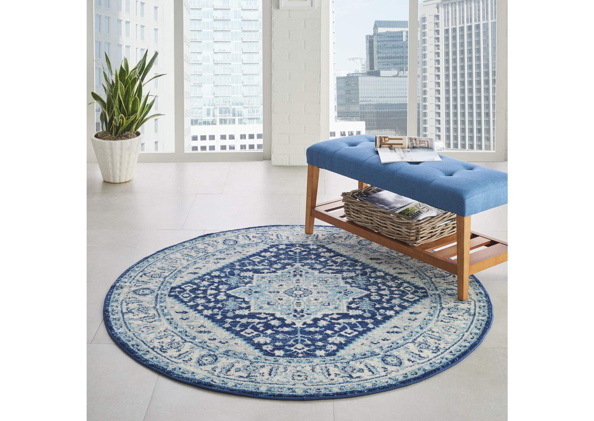 Nourison Tranquil TRA06 Blue and White 5' Round Persian Area Rug,Nourison