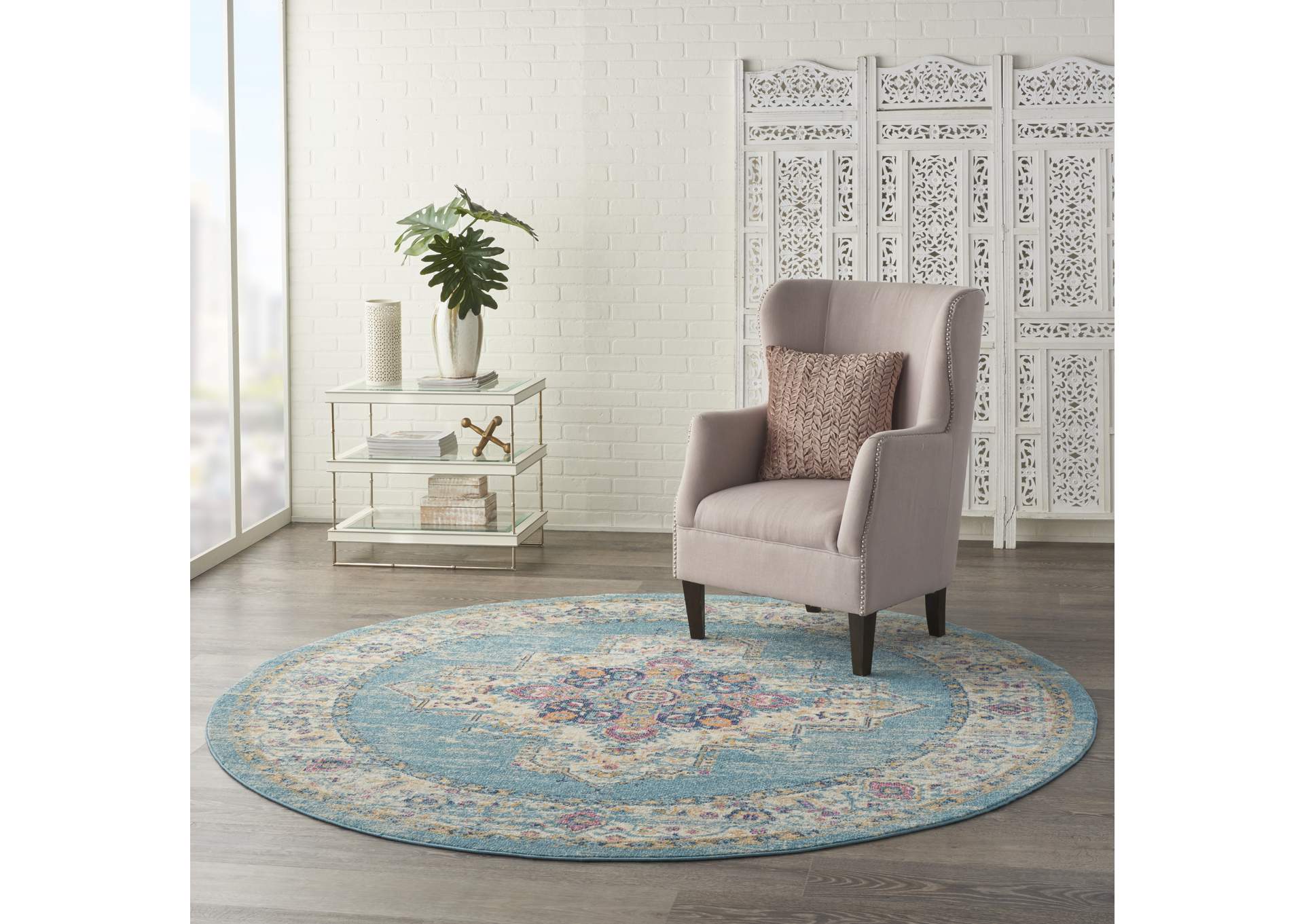 Nourison Passion 8' Round Ivory Light Blue Area Rug,Nourison