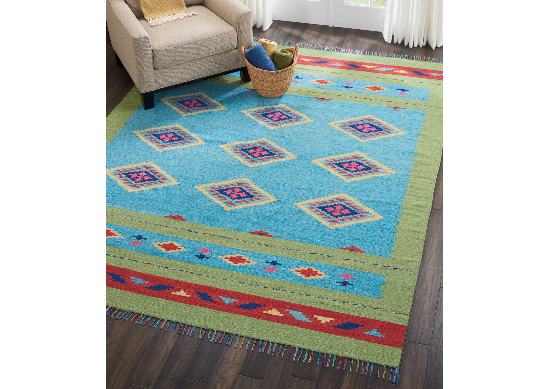 Nourison Baja BAJ02 Blue and Green 8'x10' Large Flat Weave Rug,Nourison