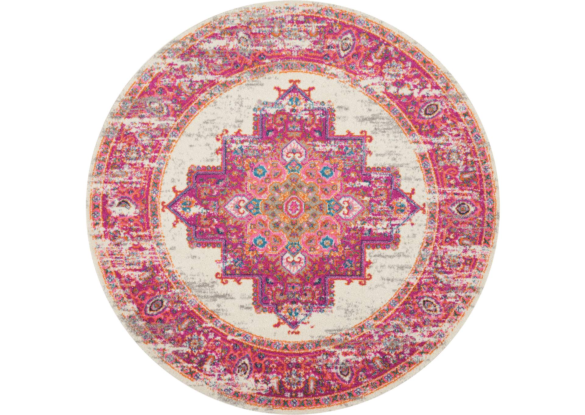 Nourison Passion PSN03 Pink and White 4' Round Vintage Area Rug,Nourison