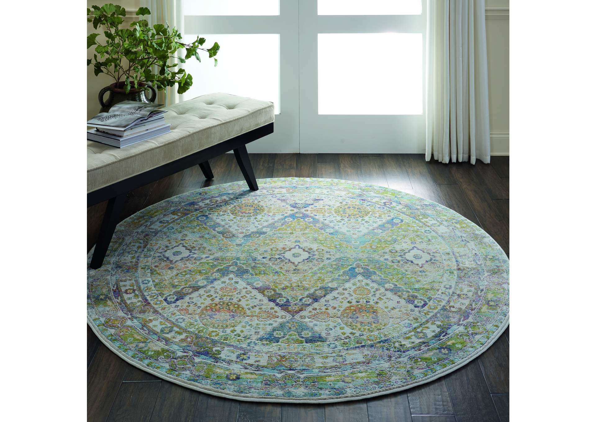 Nourison Ankara Global ANR07 Blue and Green 6' Round Farmhouse Area Rug,Nourison