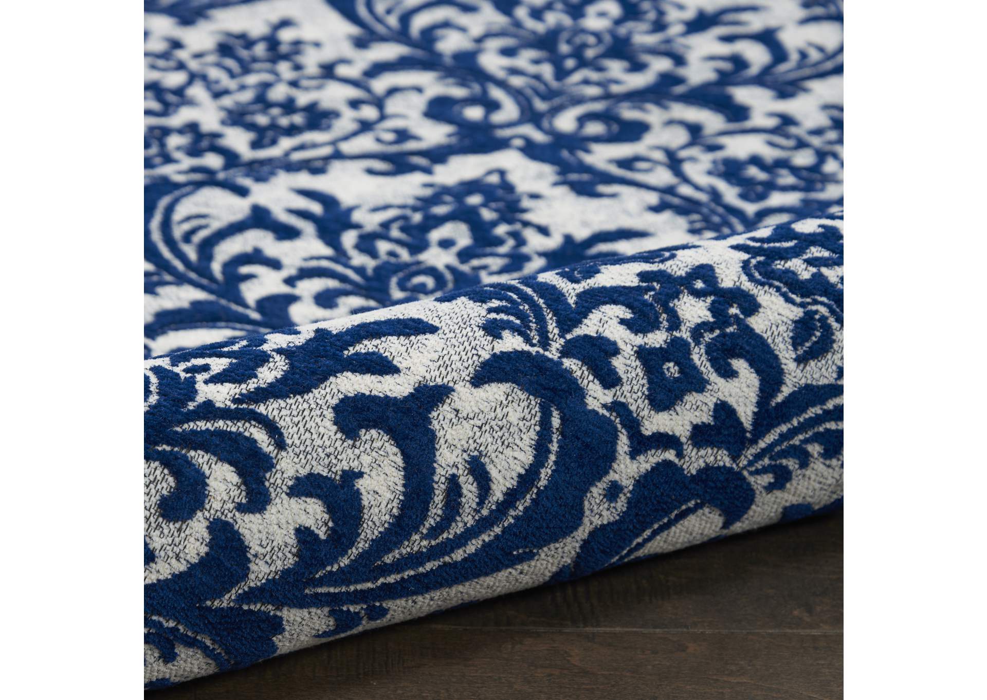 Nourison Damask DAS02 Dark Blue and White 5'x7' Vintage Area Rug,Nourison