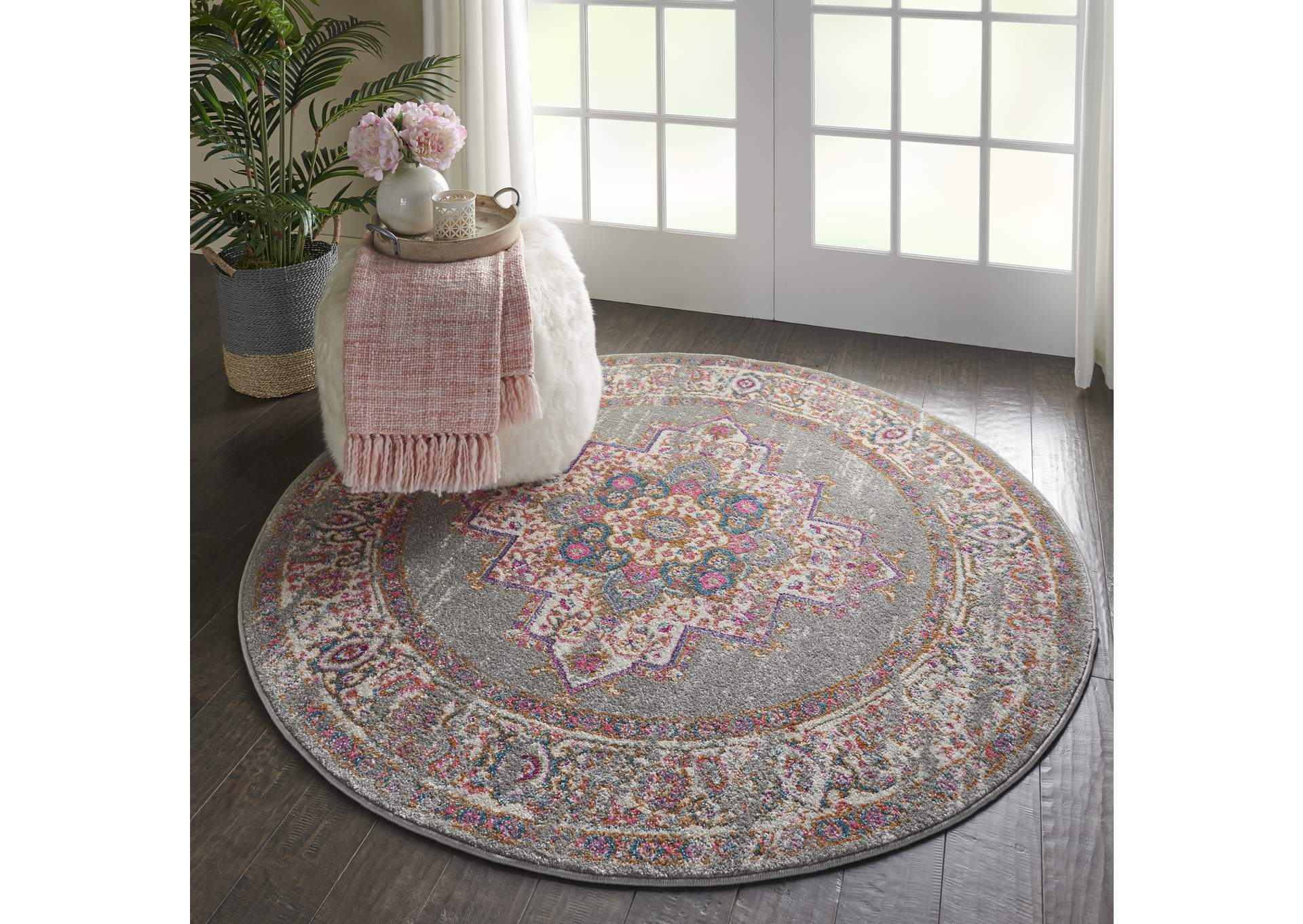 Nourison Passion PSN03 Grey 4' Round Vintage Area Rug,Nourison