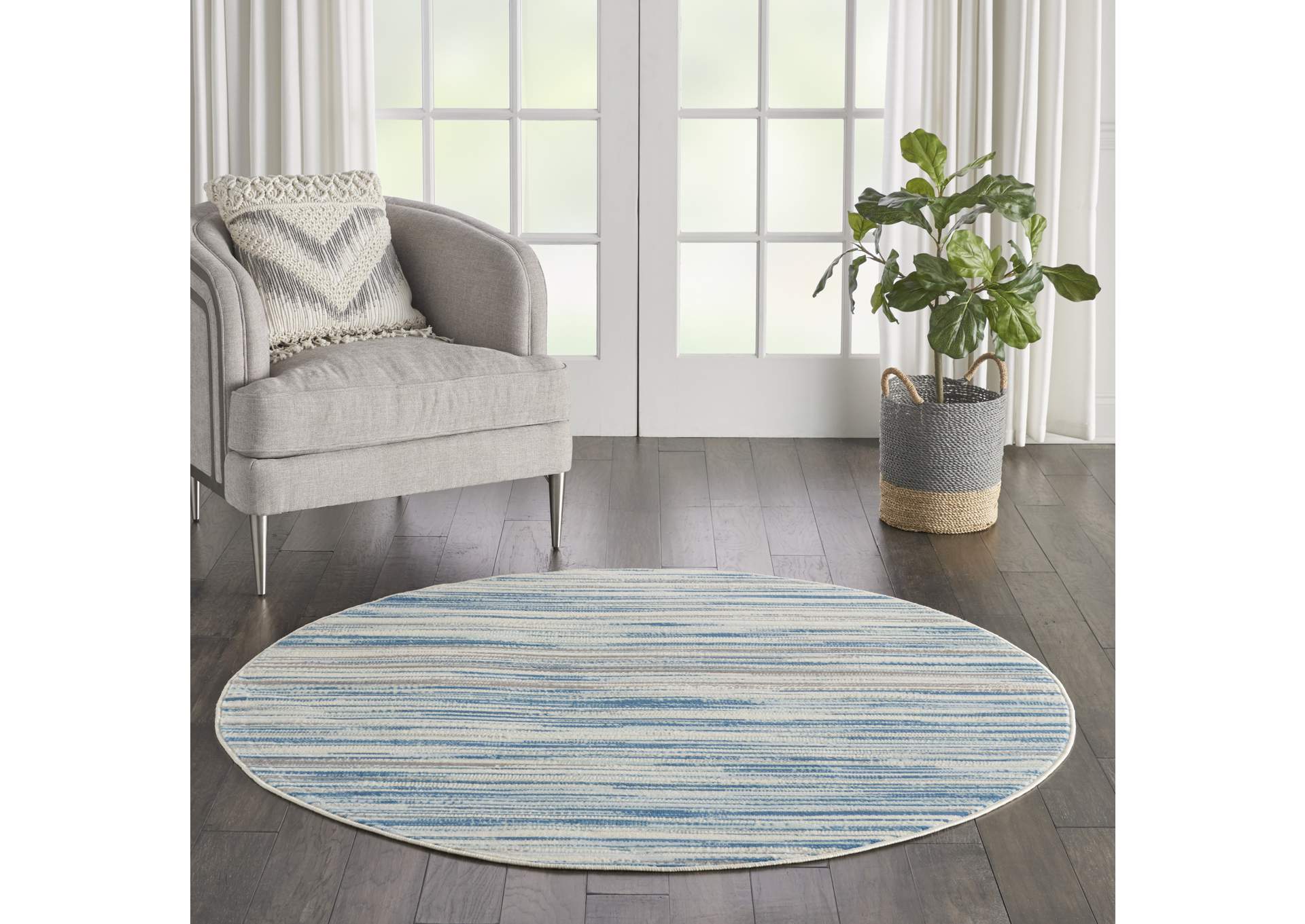 Nourison Jubilant JUB04 Teal Blue and White 5' Round Beach Area Rug,Nourison